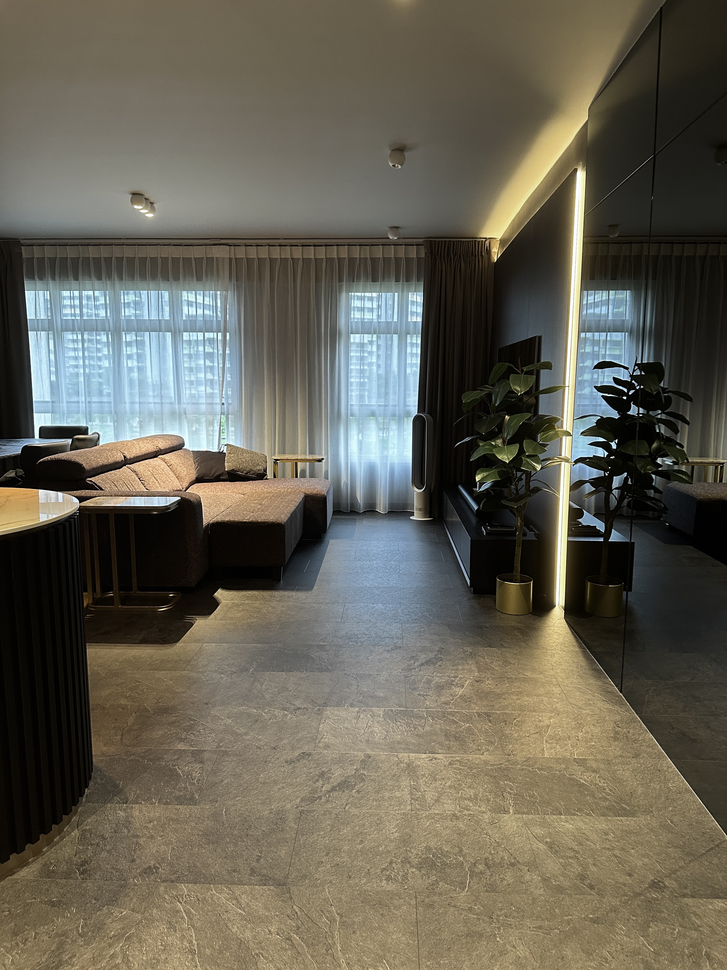 Reflective Elegance: Expanding Our Entryway - Modern living room, minimalist design, large windows, sheer curtains, cozy