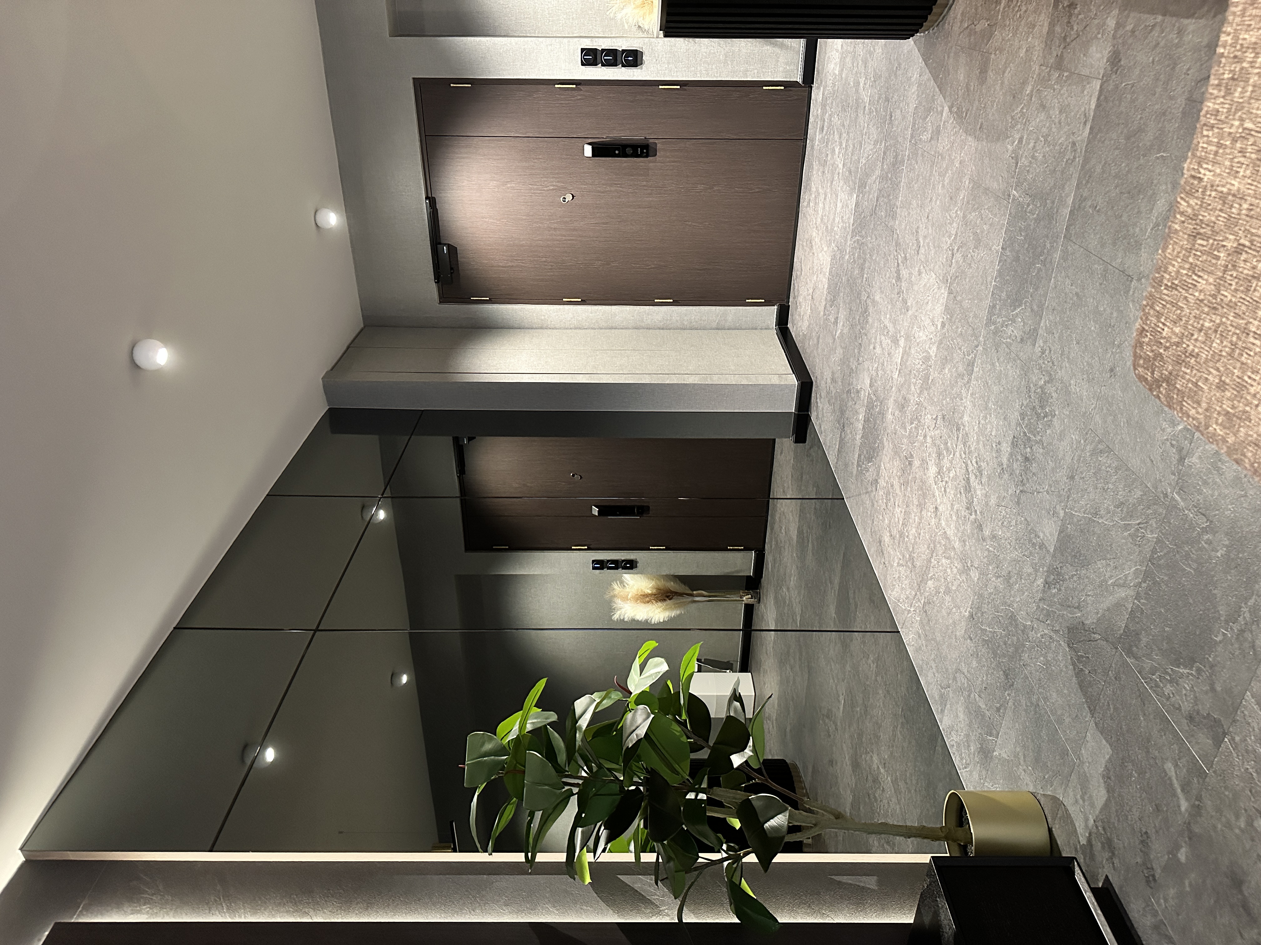 Reflective Elegance: Expanding Our Entryway - modern storage unit, sleek cabinets, minimalist design, contemporary decor