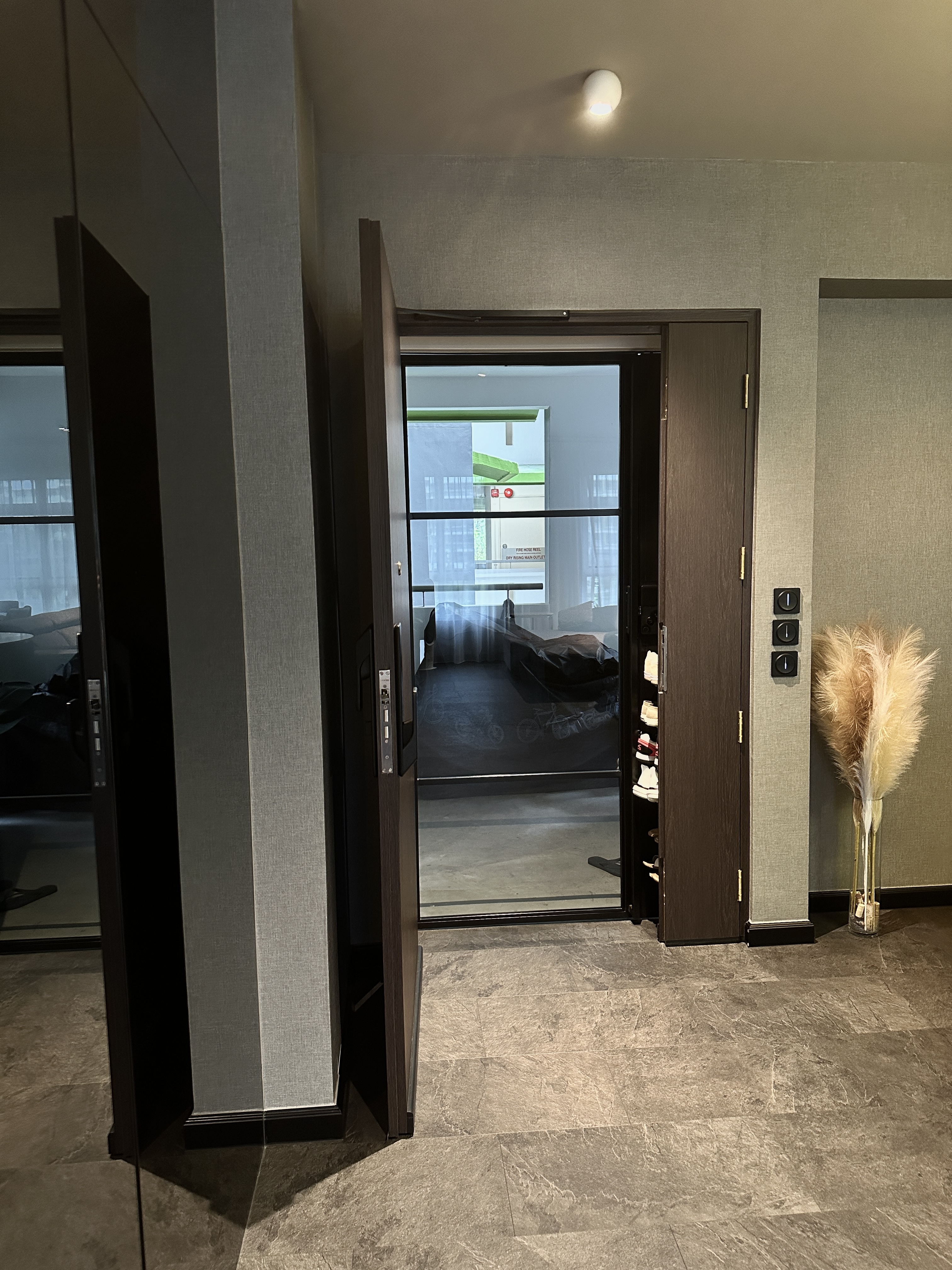 Reflective Elegance: Expanding Our Entryway - Modern minimalist interior, sleek door frame, glass sliding door, neutral-toned