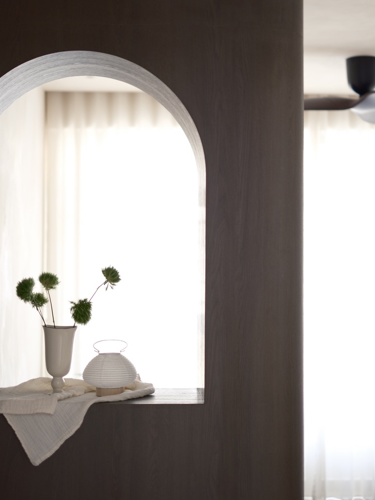 Entryway: Curves and Arches in Our Full-Height Partition - vibrant green daisy flowers, minimalist interior design, soft