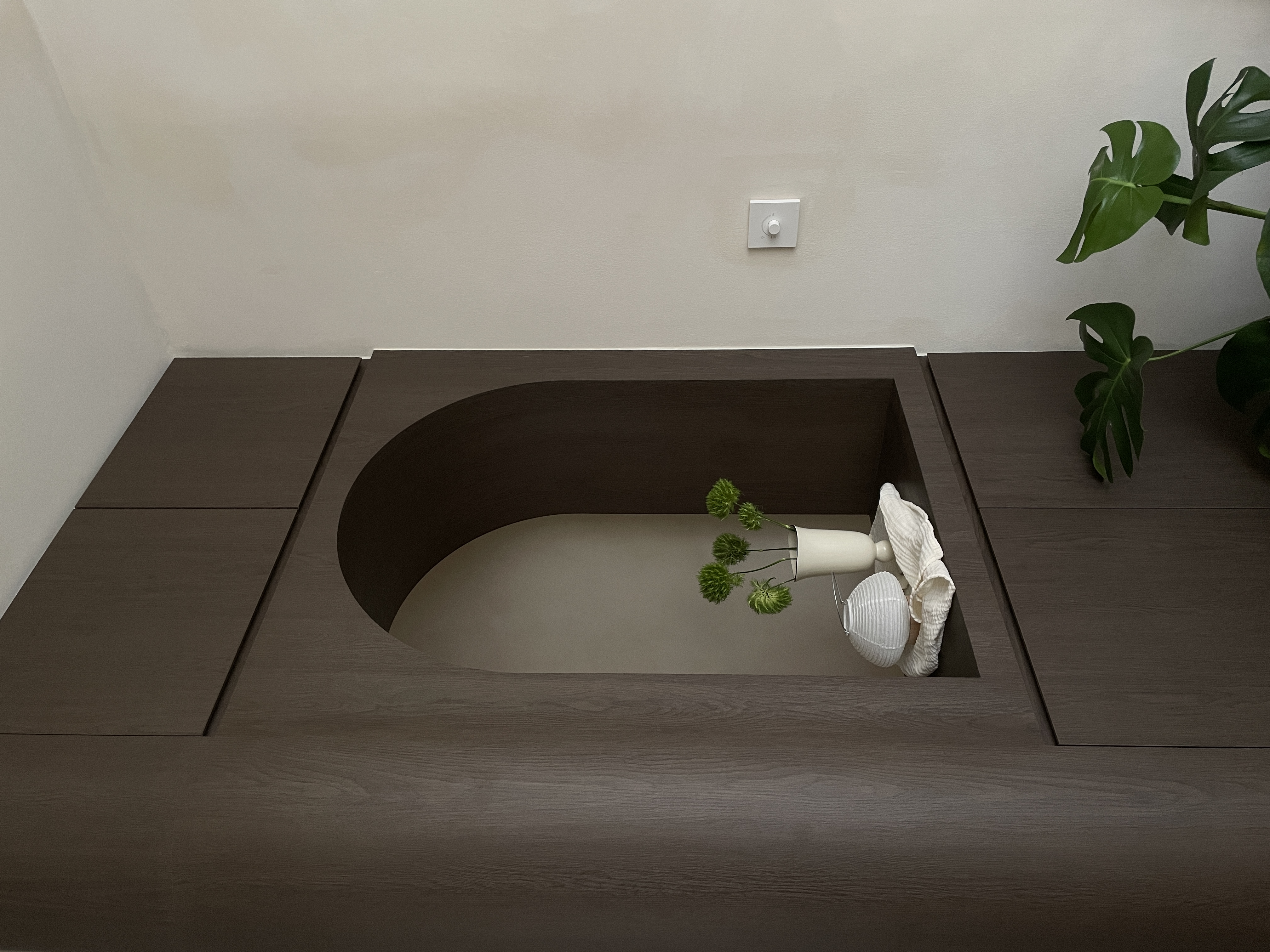 Entryway: Curves and Arches in Our Full-Height Partition - modern minimalist interior, sleek wooden surface, dark brown