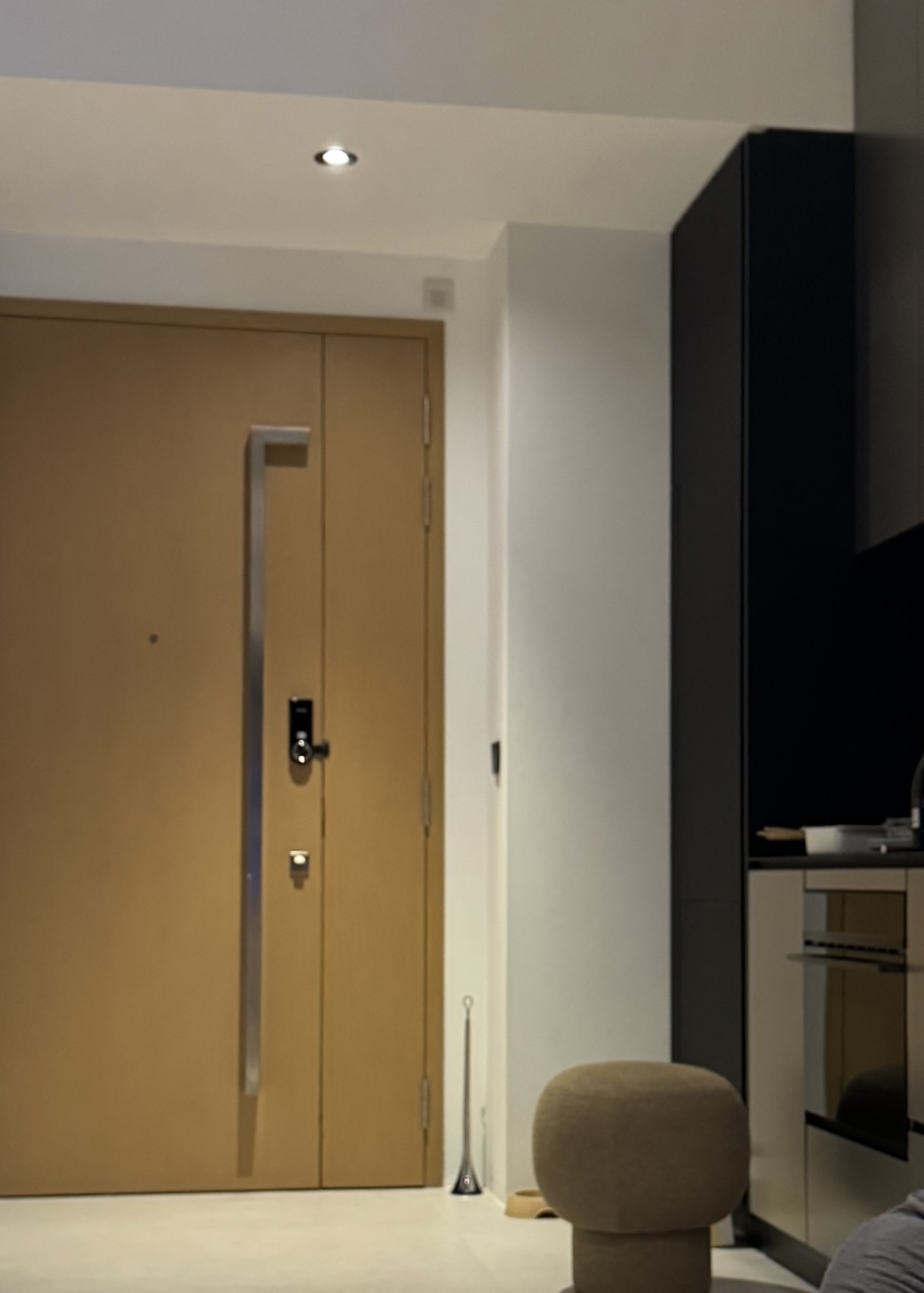 A Seamless Welcome: Introducing Our Stylish Entryway - Modern minimalist interior, sleek door, beige color, contemporary