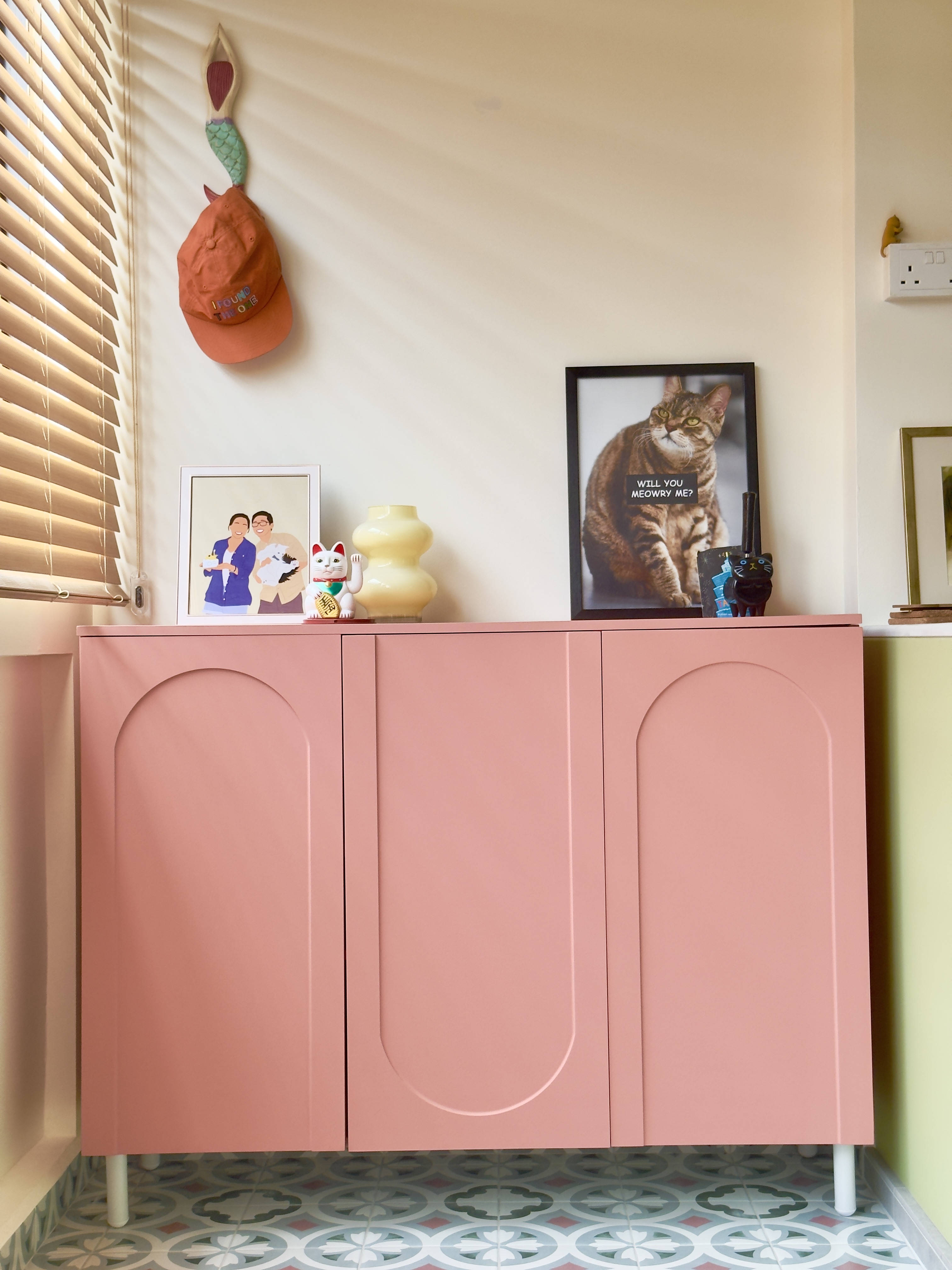 Transforming our HDB corridor into a colourful entryway - Pink cabinet, framed photo, cat, framed picture, wall art