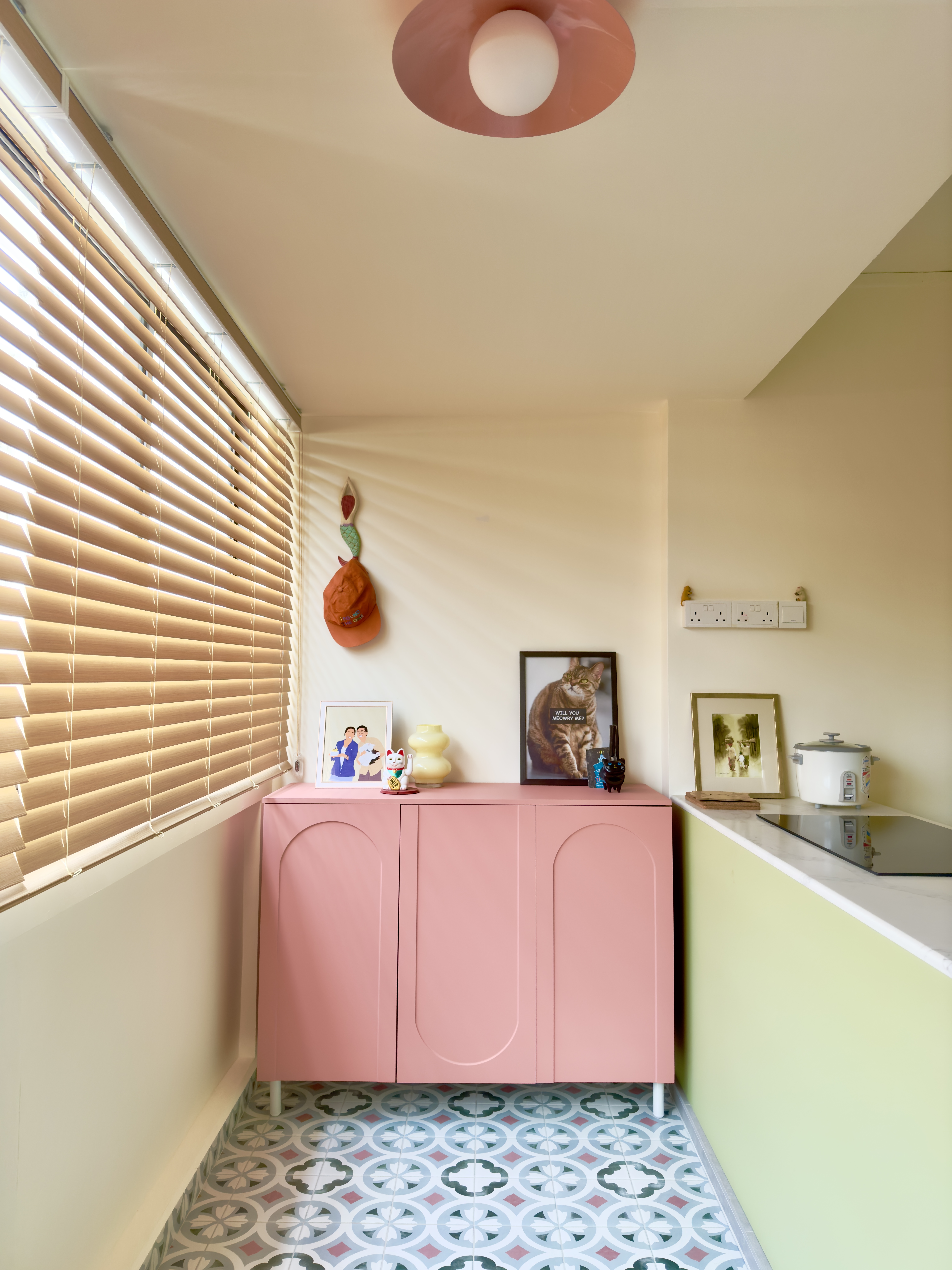 Transforming our HDB corridor into a colourful entryway - Wooden blinds, pastel pink cabinet, framed photo, cat statue