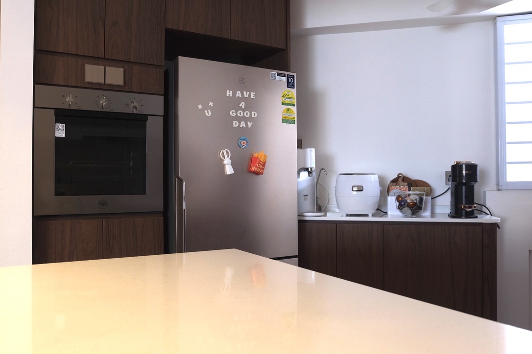 Reimagining our Diagonal Kitchen into an Inviting & Functional Space - Modern kitchen with stainless steel refrigerator