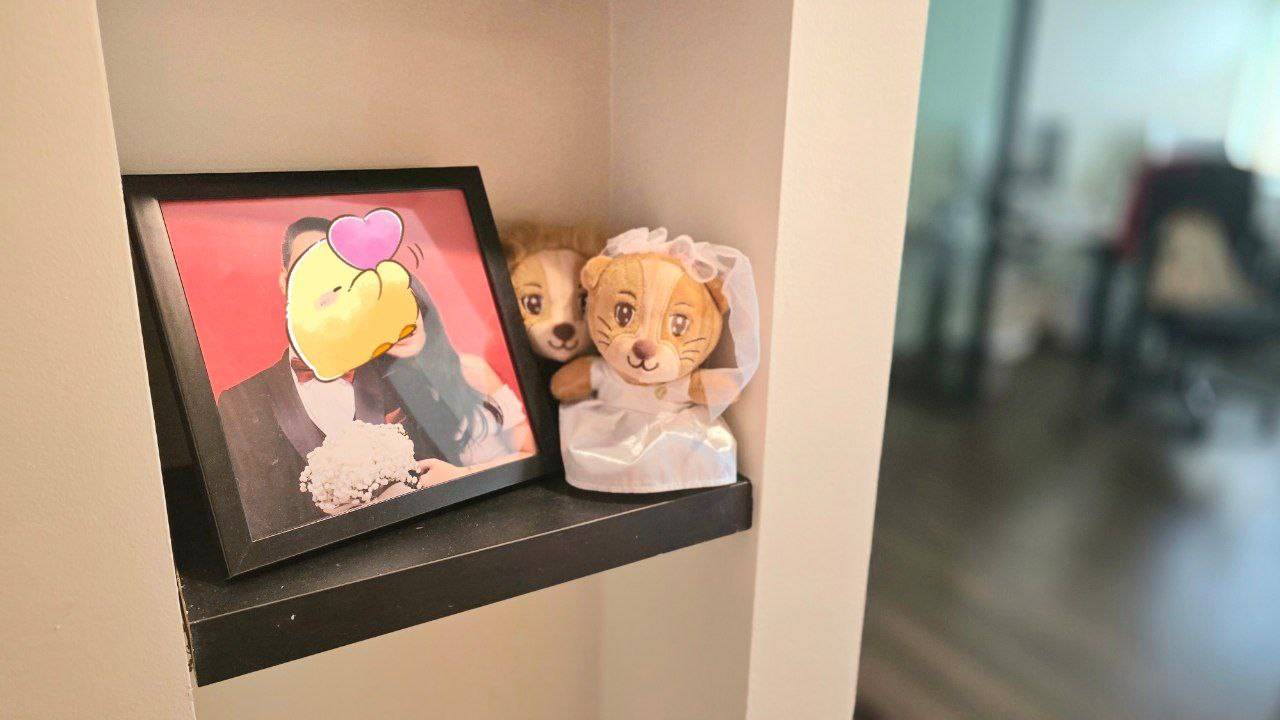 Introducing Fengshui Elements into our Entryway! - Wedding photo, framed, yellow duck, pink heart, bride and groom, teddy