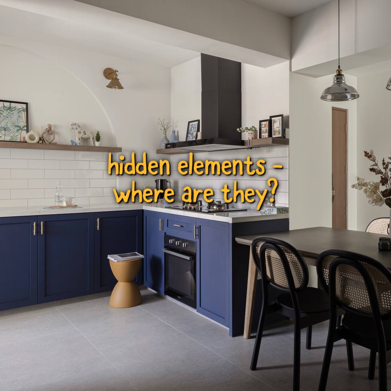Hidden in plain sight - can you spot the hidden elements in our home? - blue kitchen cabinetry, modern design, white subway