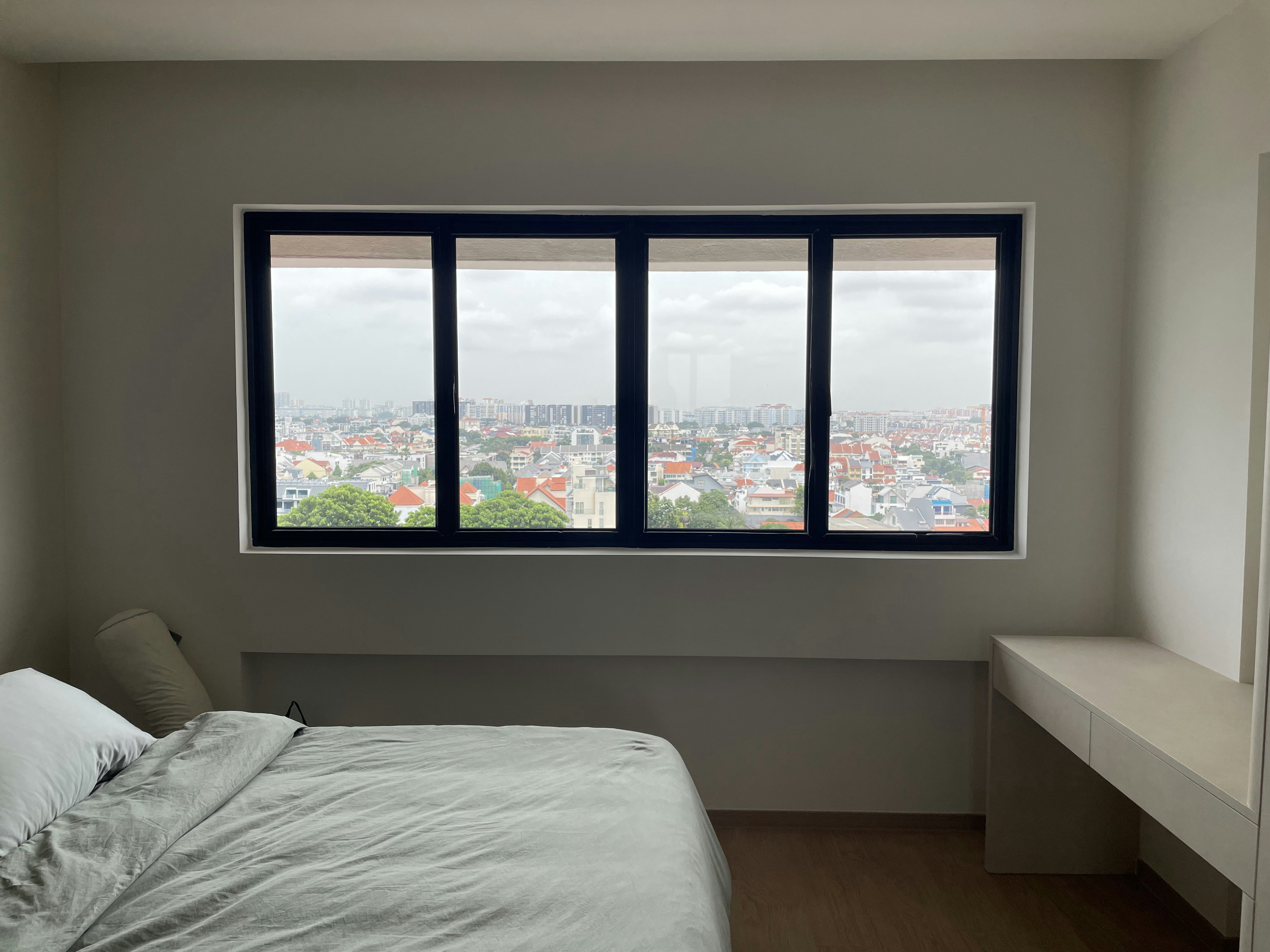 A Retreat for Rest: Our TV-Free Bedroom Sanctuary - Modern bedroom, large window, cityscape view, three-pane window, white