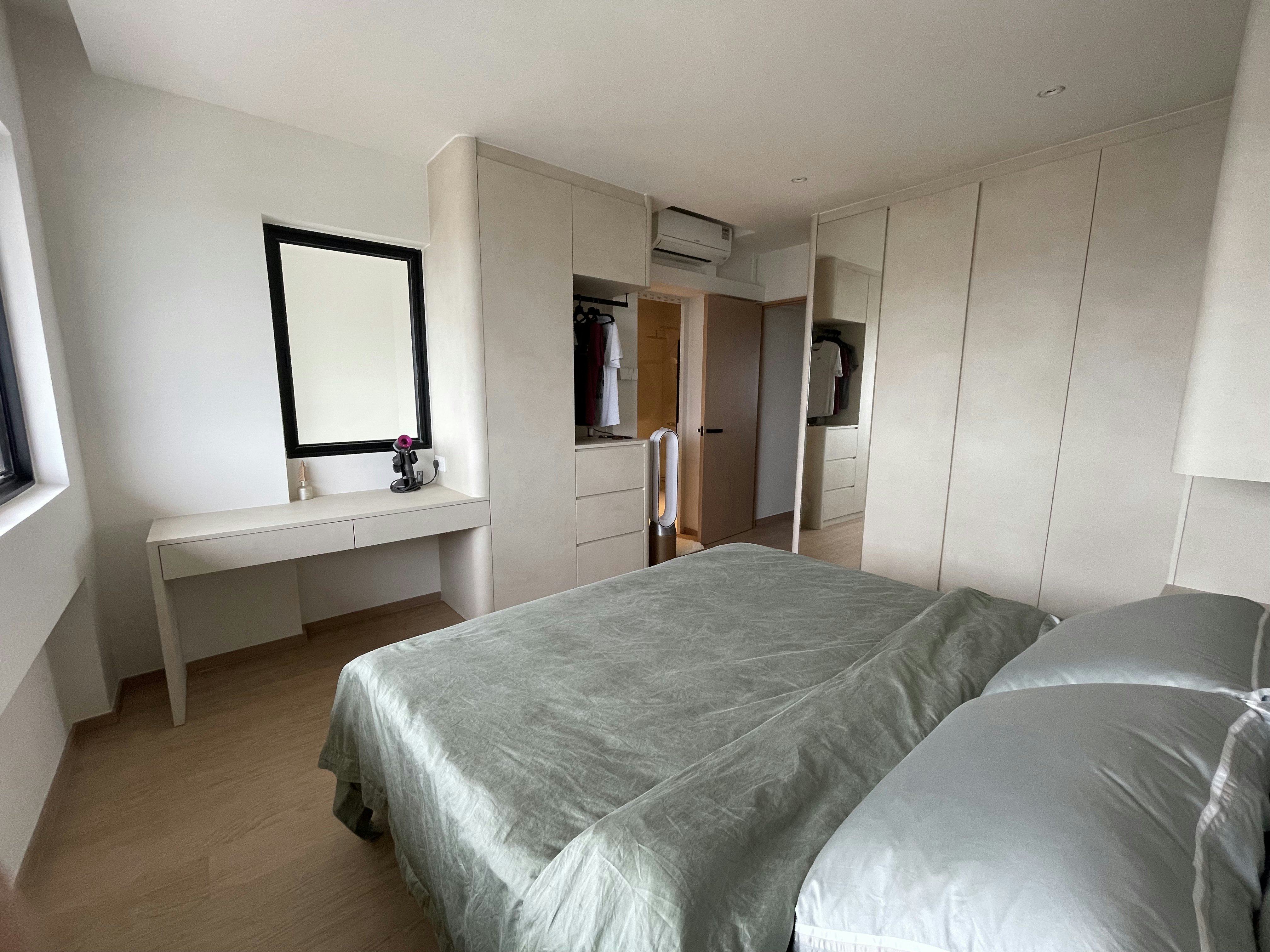 A Retreat for Rest: Our TV-Free Bedroom Sanctuary - Modern minimalist bedroom, white cabinetry, large bed with gray