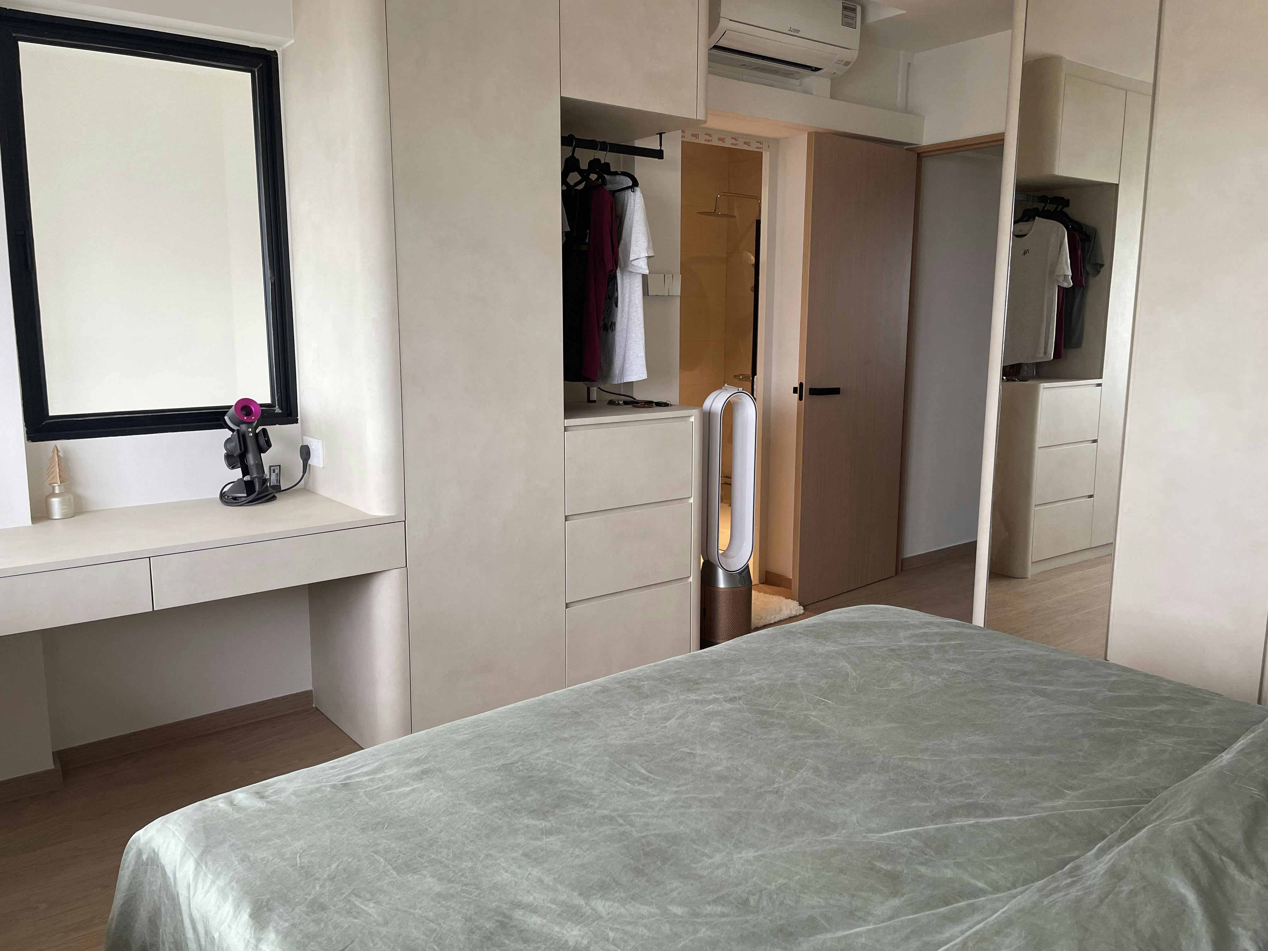A Retreat for Rest: Our TV-Free Bedroom Sanctuary - Modern bedroom with minimalist design, beige color scheme, large mirror