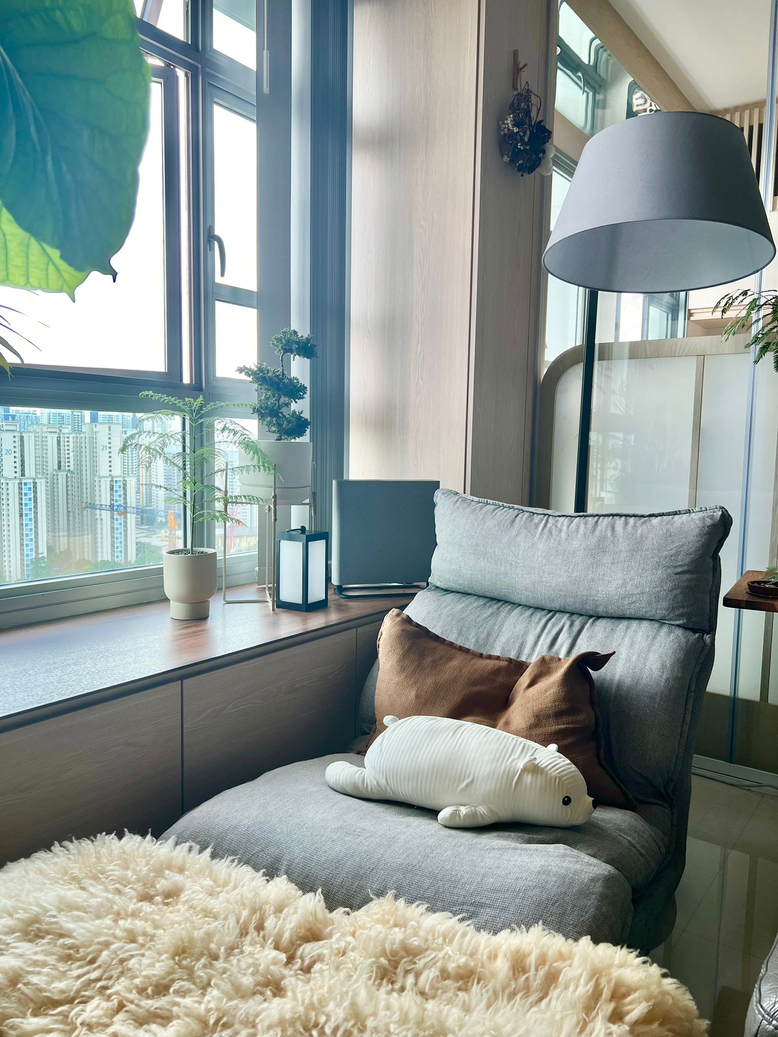 Blending Modern, Wabi-Sabi, and Japandi in Our Wood-Loved Space 🌟🏡 - Modern living room, cozy seating, gray armchair