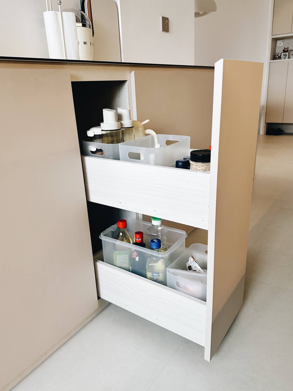 Our Kitchen: Turning our HDB square kitchen into a galley! - White kitchen cabinet, open shelf, neatly organized
