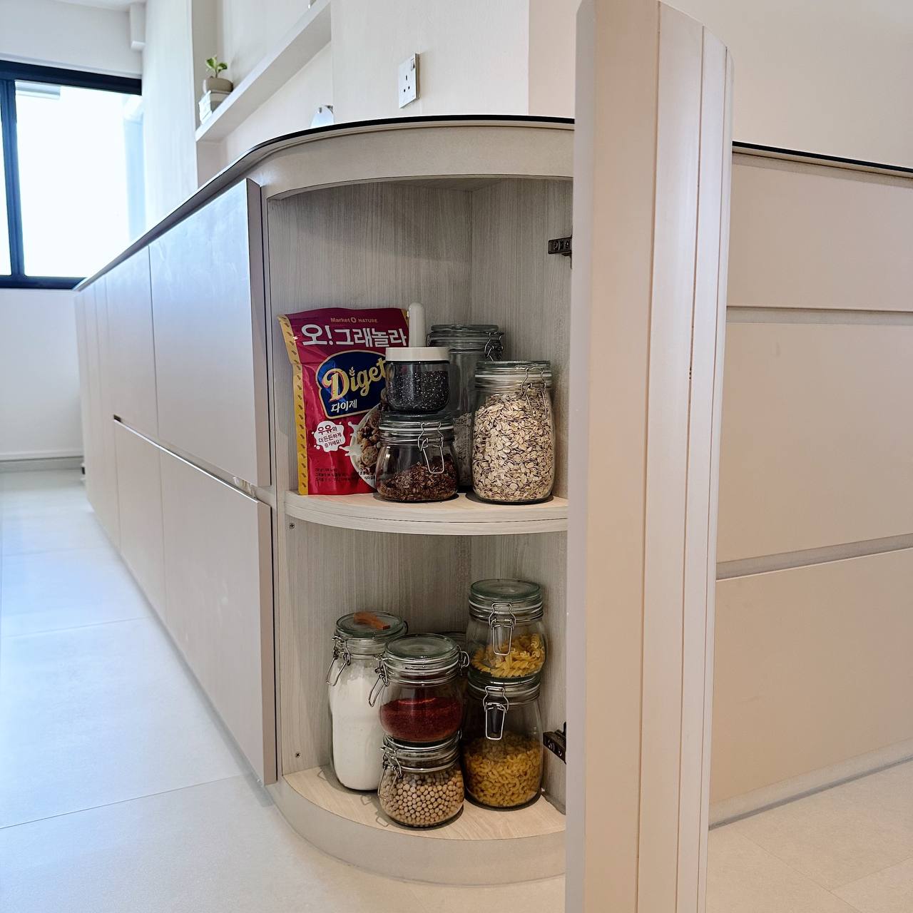 Our Kitchen: Turning our HDB square kitchen into a galley! - Organized pantry, kitchen shelves, neatly arranged ingredients