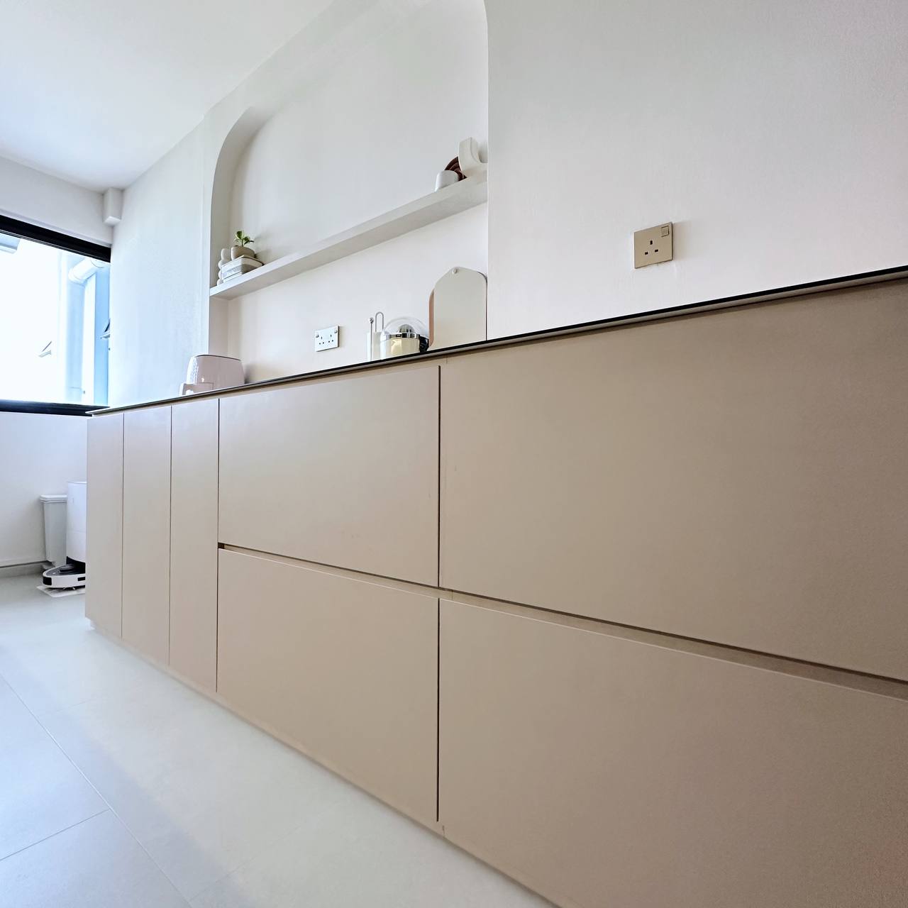 Our Kitchen: Turning our HDB square kitchen into a galley! - Light beige kitchen cabinets, minimalist design, modern kitchen