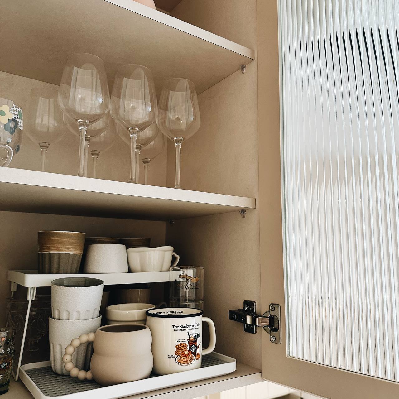 Our Kitchen: Turning our HDB square kitchen into a galley! - Clear glass wine glasses, white ceramic mugs, decorative