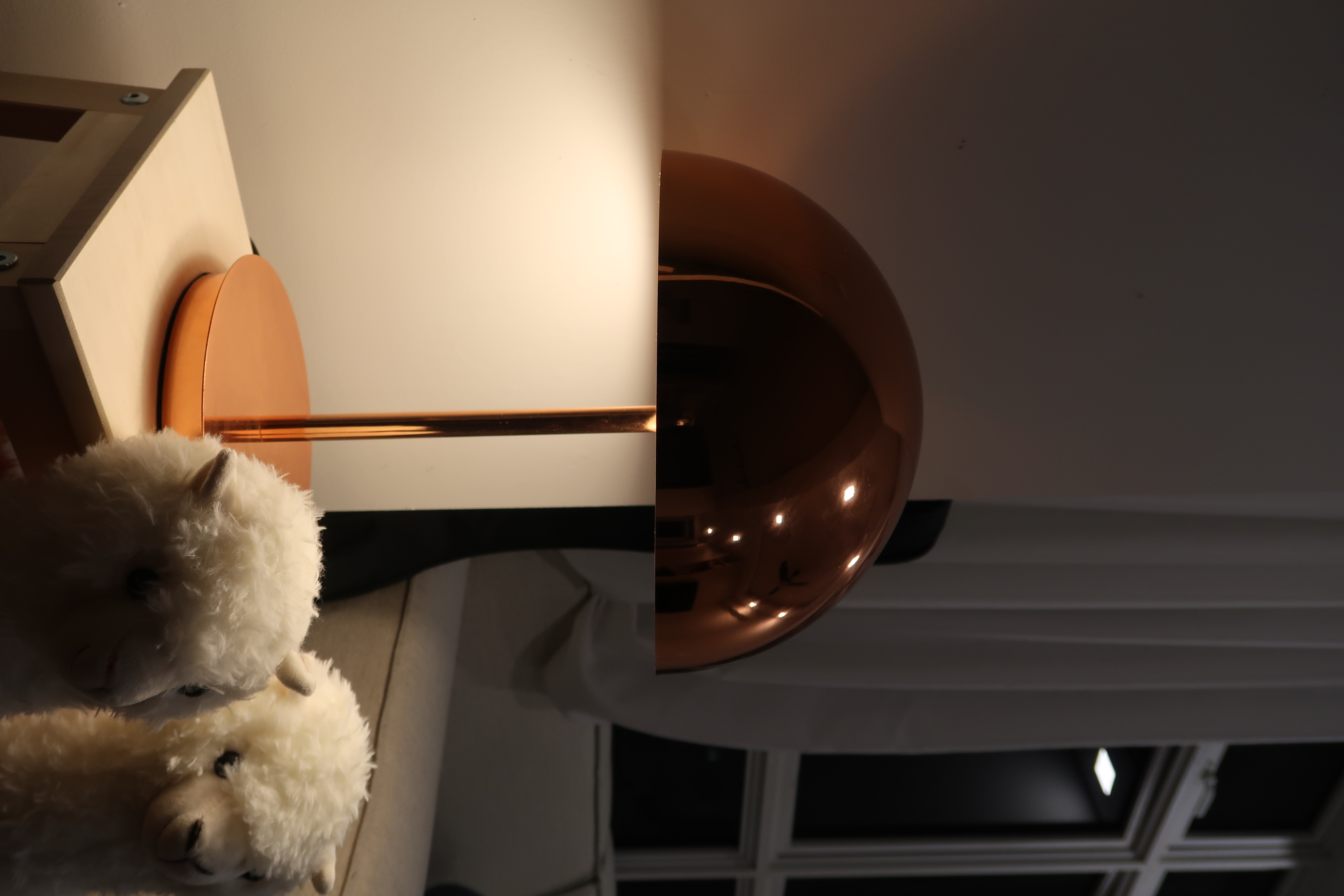 How we create a cosy ambience with accent lighting  - Aluminum lamp, fluffy white animals, cozy room, soft lighting, modern