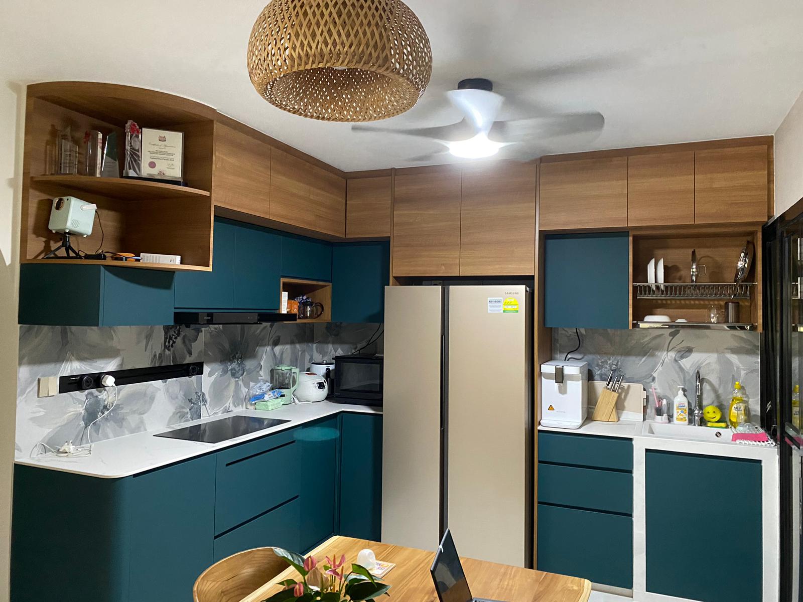 Self-designed Kitchen: how we make a small space work - Wooden cabinets, teal backsplash, modern kitchen, white countertops