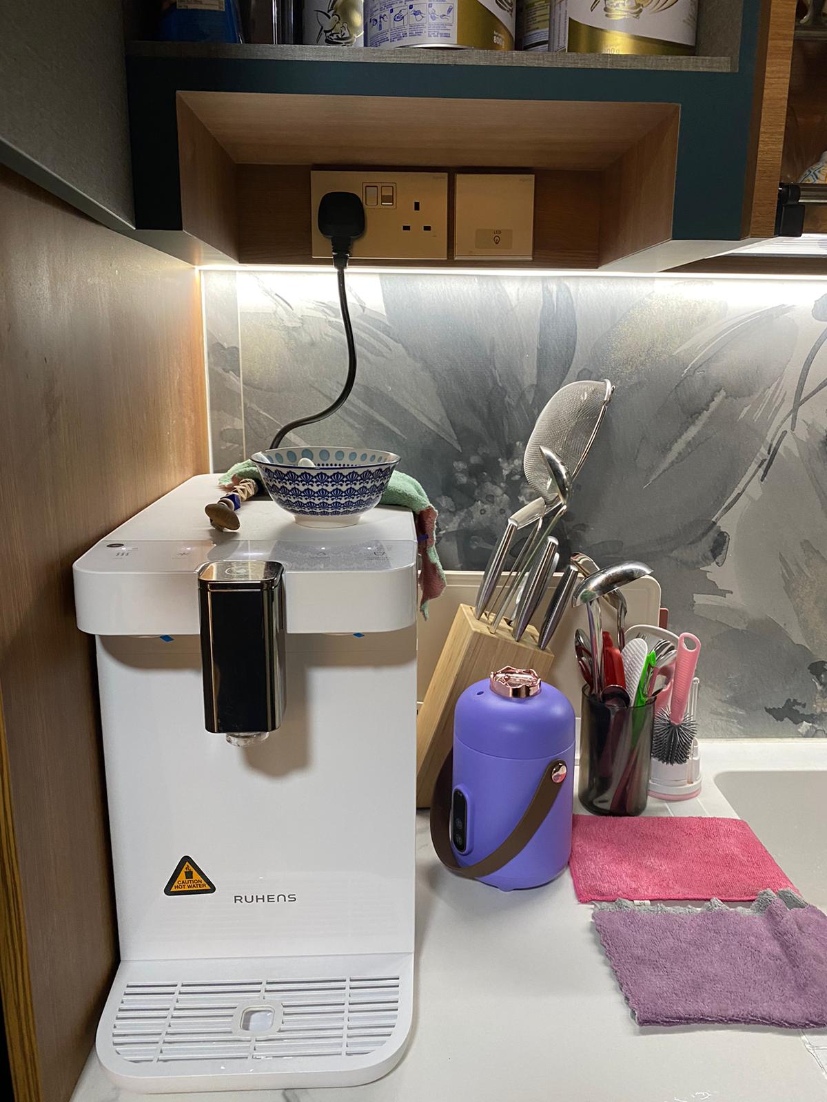 Self-designed Kitchen: how we make a small space work - smart kitchen, modern appliances, white coffee machine, purple water