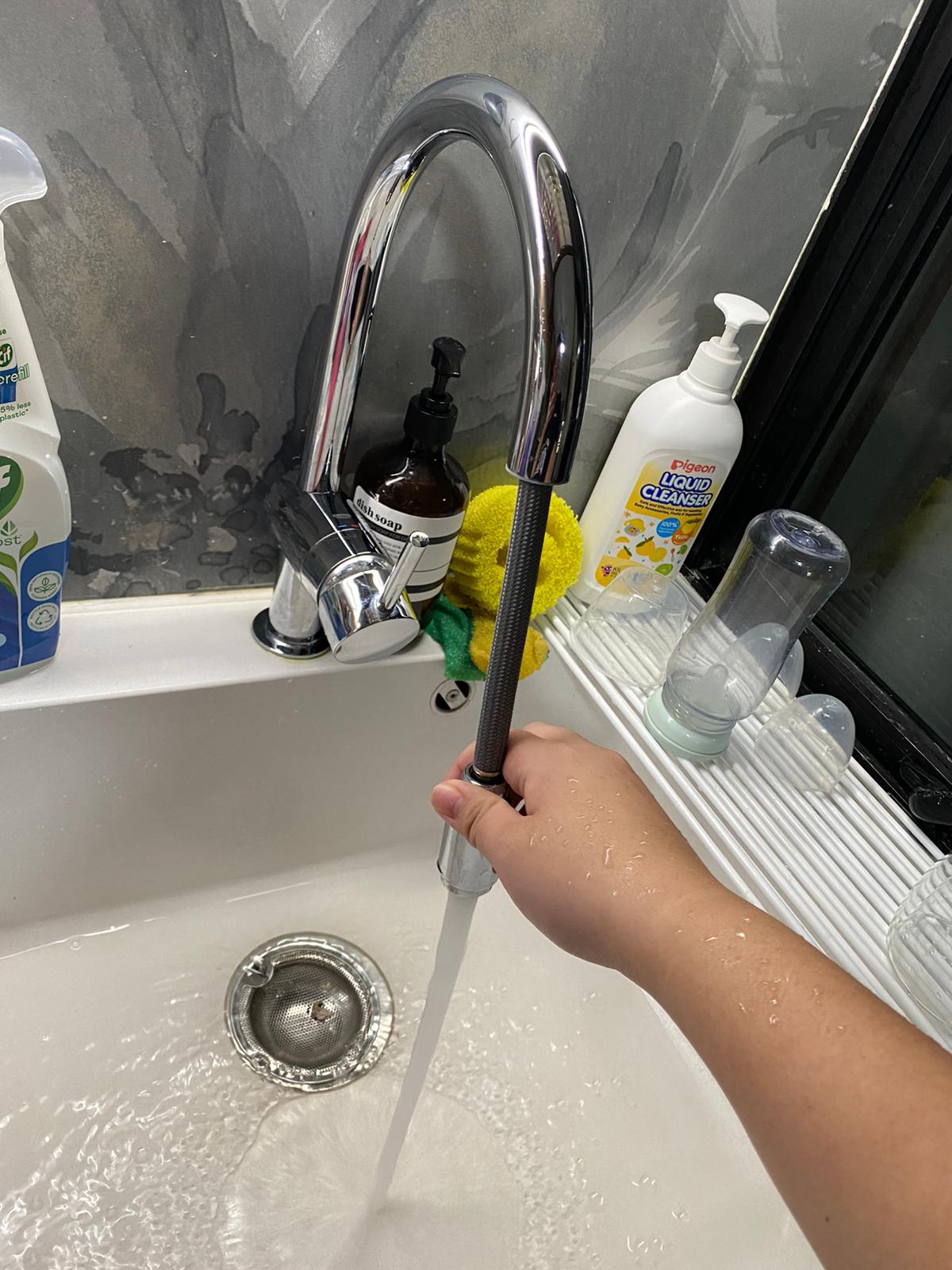 Self-designed Kitchen: how we make a small space work - silver faucet, bathroom sink, hand washing, water flowing, soap
