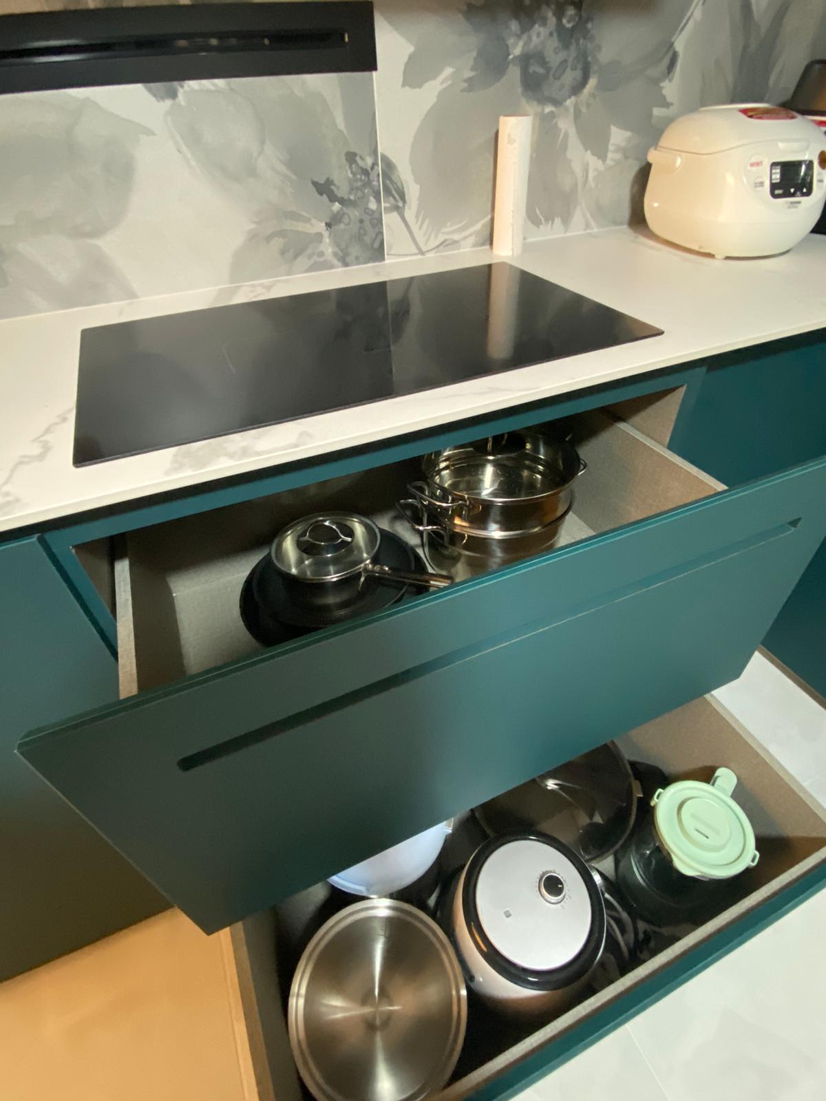 Self-designed Kitchen: how we make a small space work - Kitchen countertop, modern kitchen, under-counter storage, teal