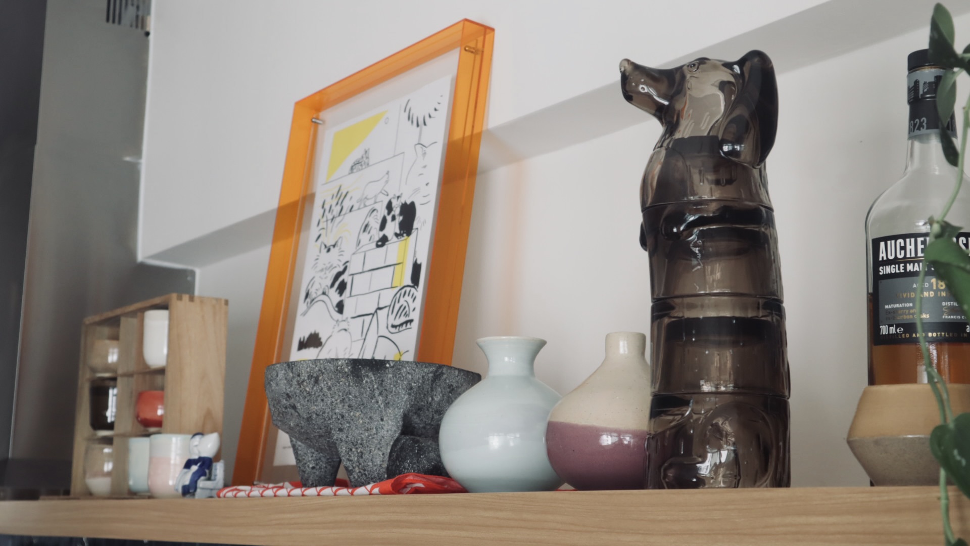 very demure, very mindful- stainless steel counter top for the kitchen - vintage ceramic dog statue, abstract art, black and