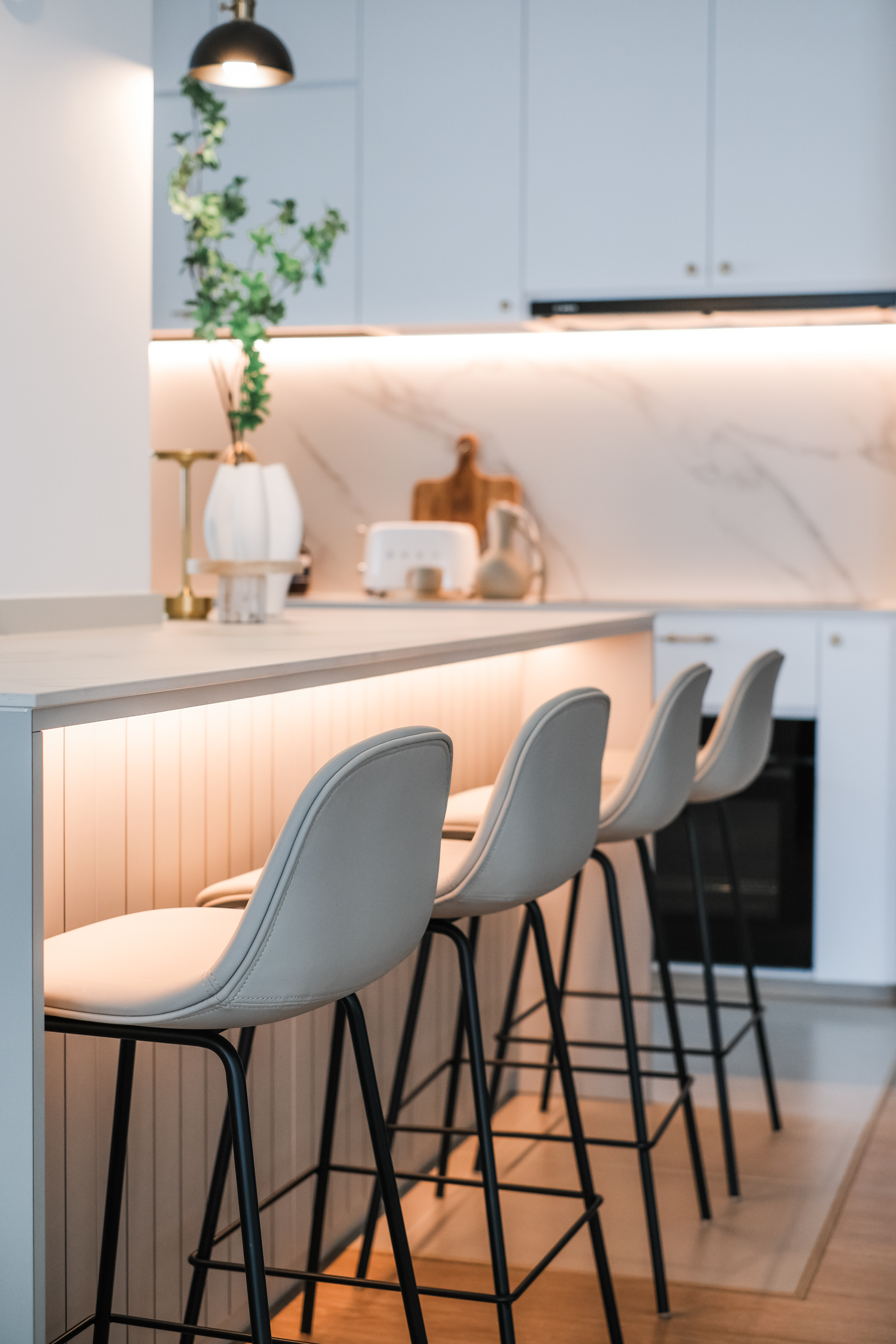 How a Big Pillar Couldn't Stop My Dream of a Large Kitchen Island - modern kitchen, minimalist design, sleek cabinetry, white