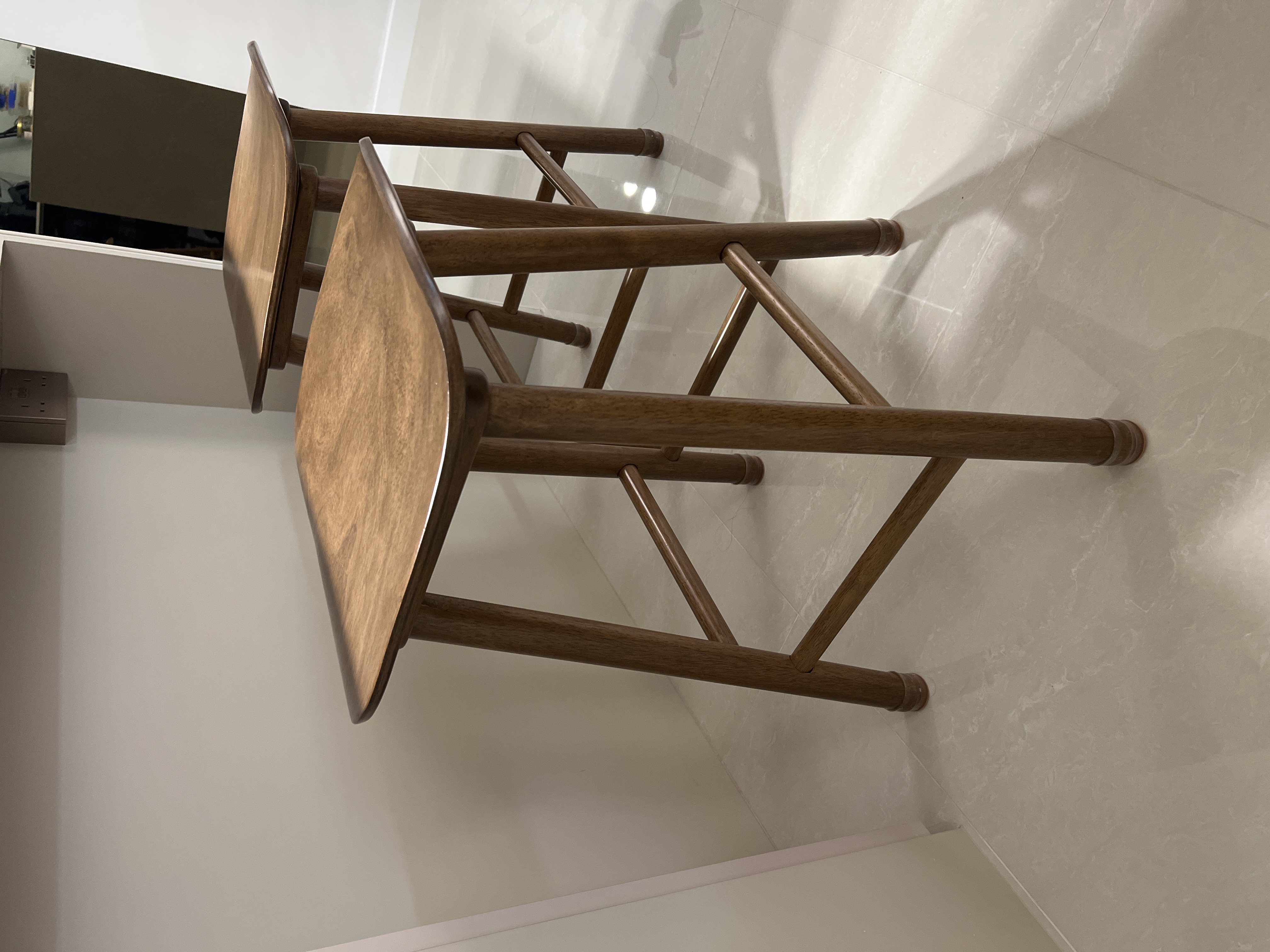 Satisfied Purchase - Wooden chair, minimalist design, modern furniture, sleek lines, polished finish, natural wood grain