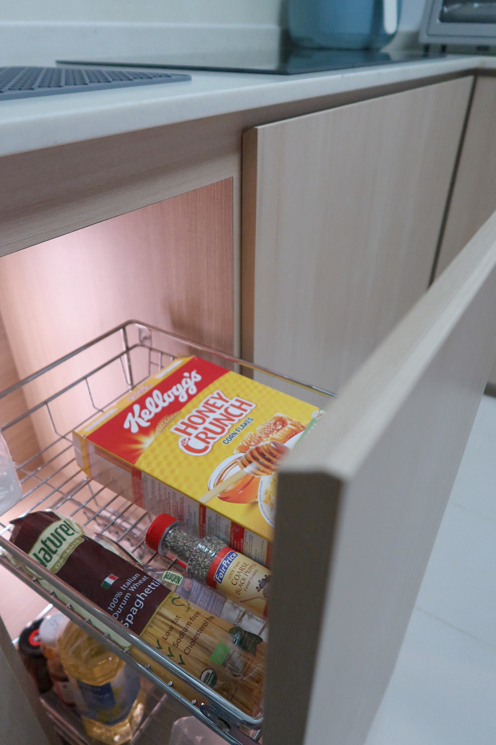 Whisking up a storm in the kitchen 🍽️ - Kellogg's Honey Crunch cereal, Nature's Bounty pasta, Salt, Pepper, Italian sausage