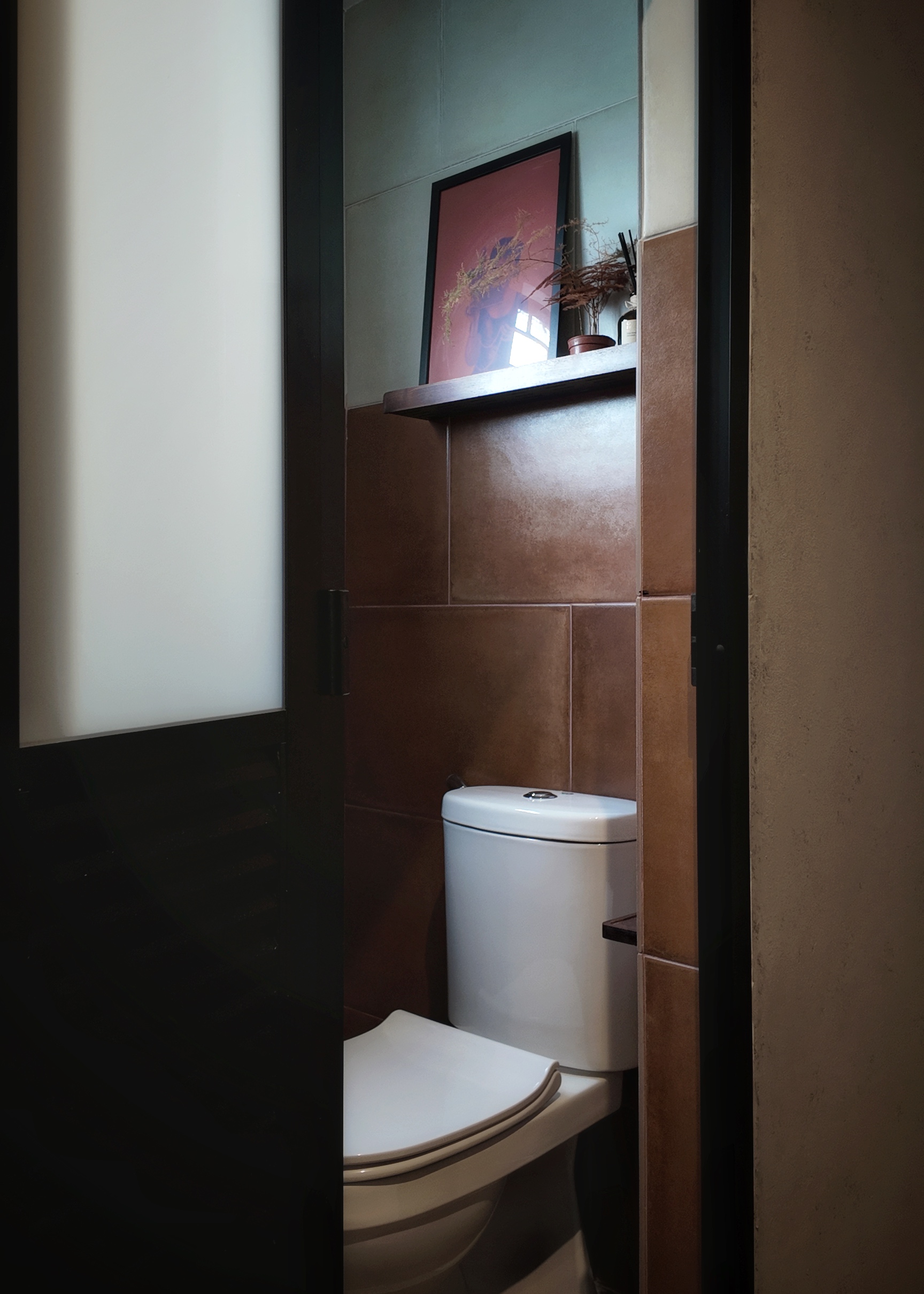 No funny monkey business here! - White toilet, brown tiled walls, framed picture, decorative items, minimalist design, modern