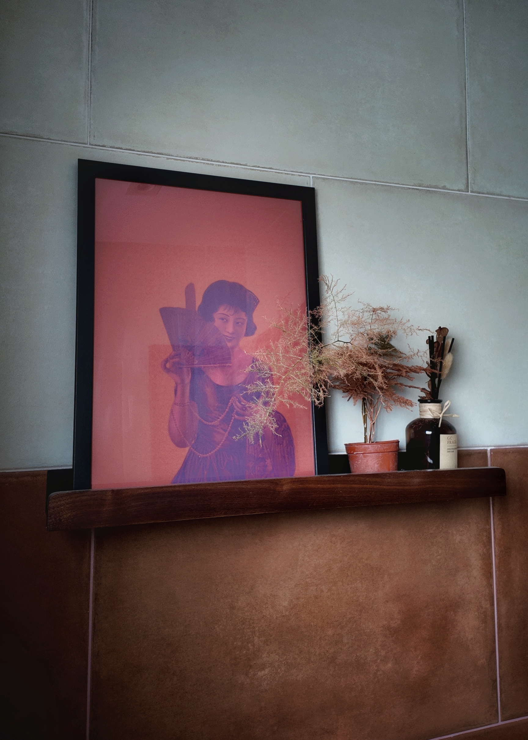 No funny monkey business here! - Red and pink gradient background, framed picture of a woman, abstract art style, vintage