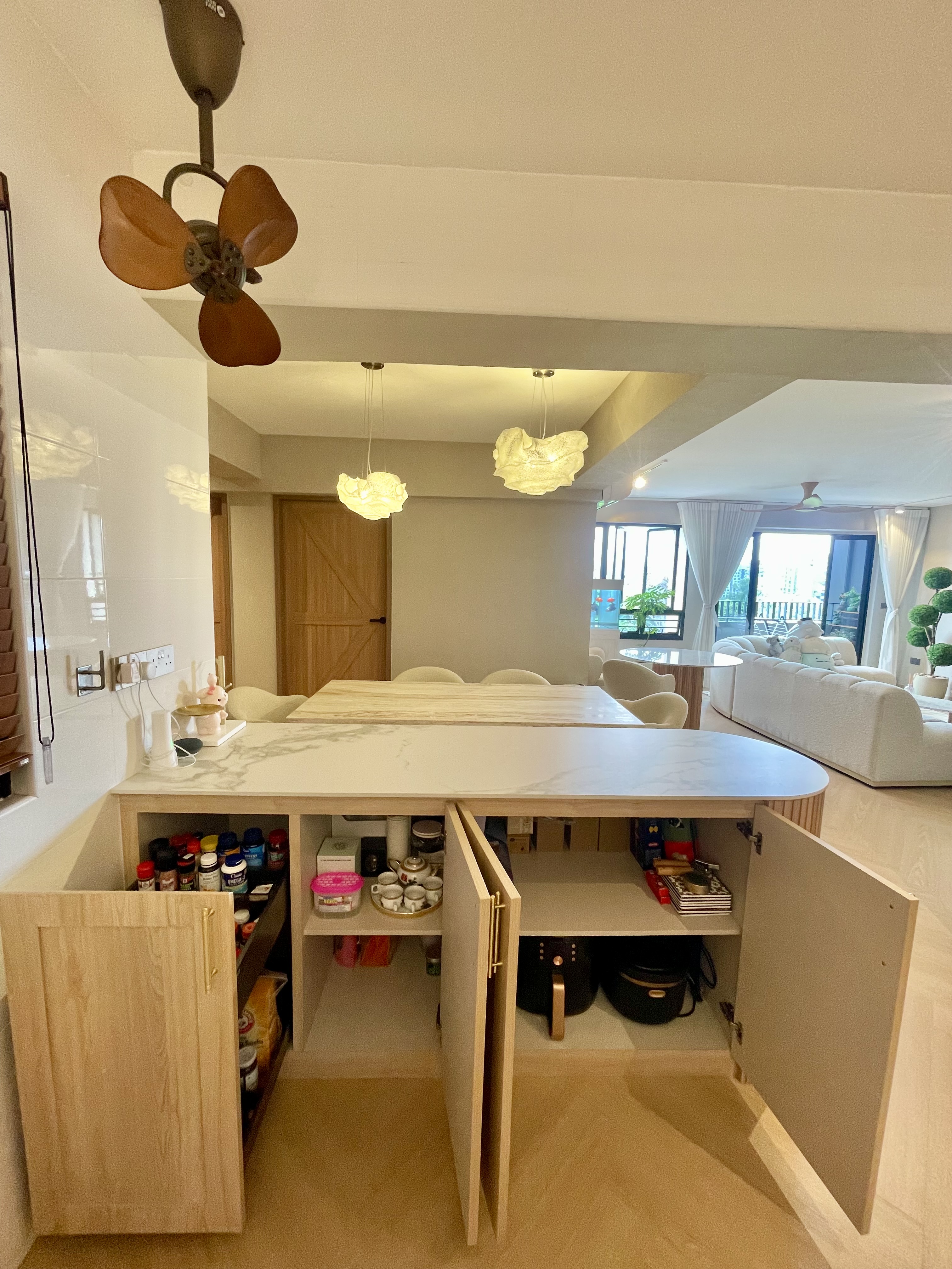 Our Kitchen: A Fusion of Muji Concept & European Shaker-Style Cabinets - modern kitchen, open pantry, wooden cabinets, marble