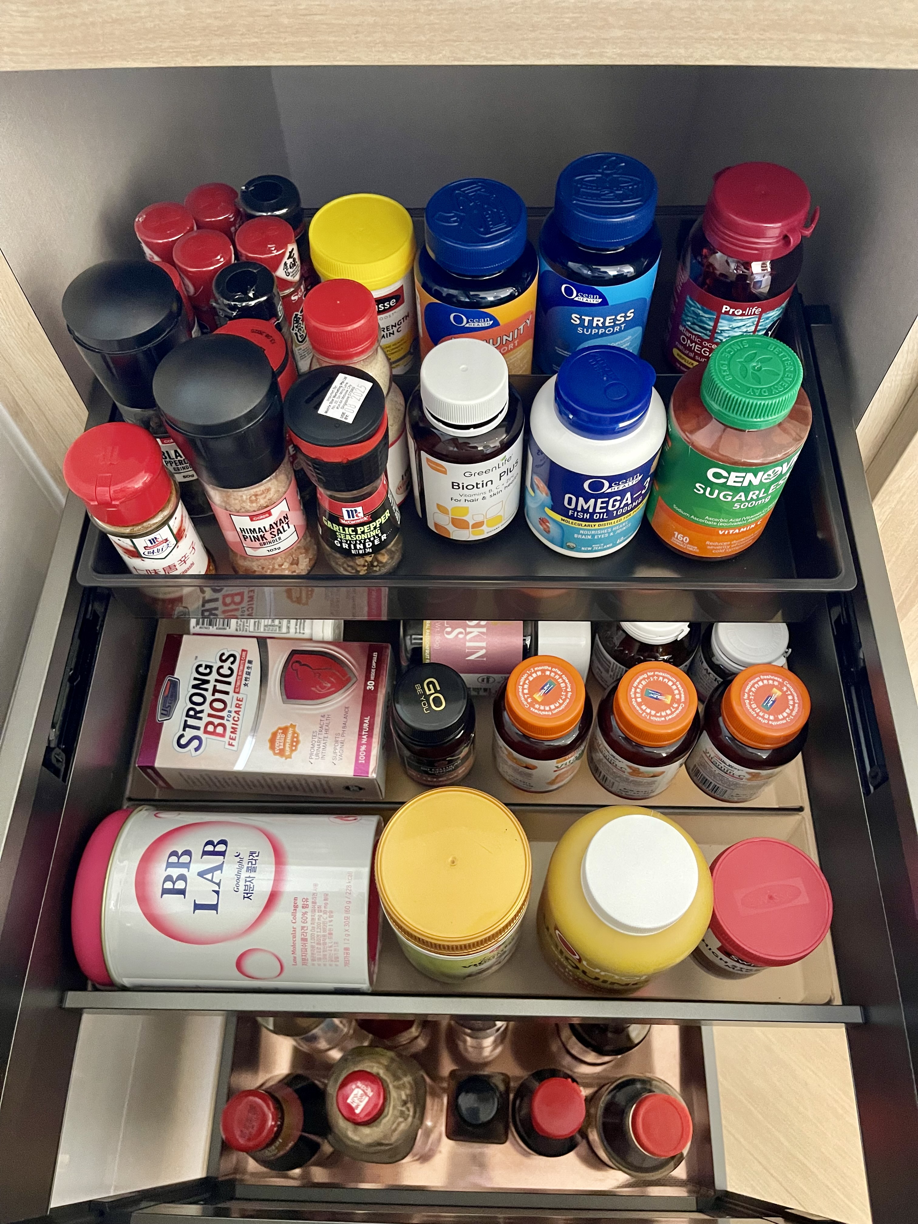 Our Kitchen: A Fusion of Muji Concept & European Shaker-Style Cabinets - capsule, supplement, vitamins, probiotics, fish oil