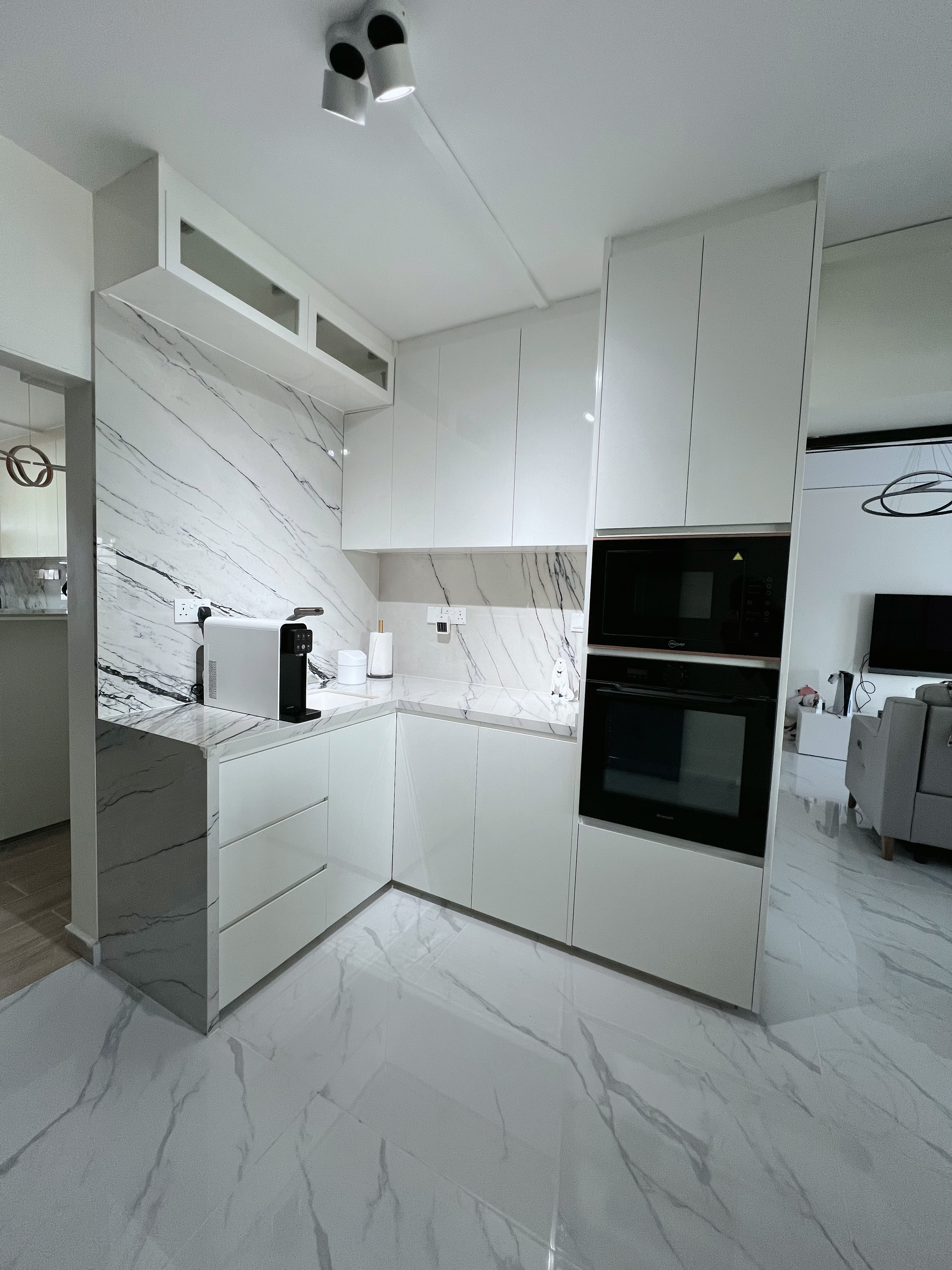 Where most of the budget went: Our Dry & Wet Kitchens - White marble kitchen, modern design, sleek cabinets, marble