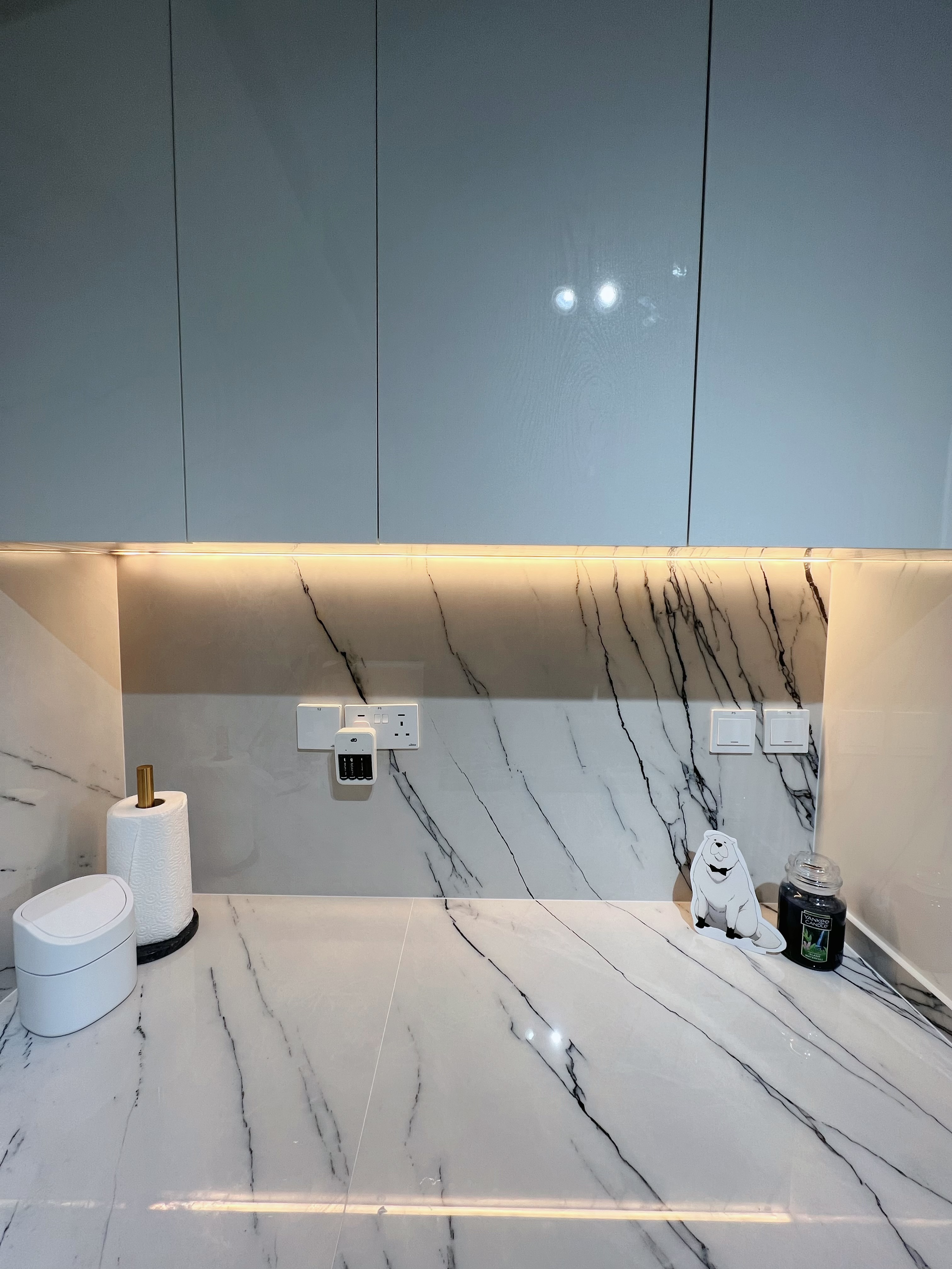 Where most of the budget went: Our Dry & Wet Kitchens - White marble countertop, modern kitchen, sleek cabinets, minimalist