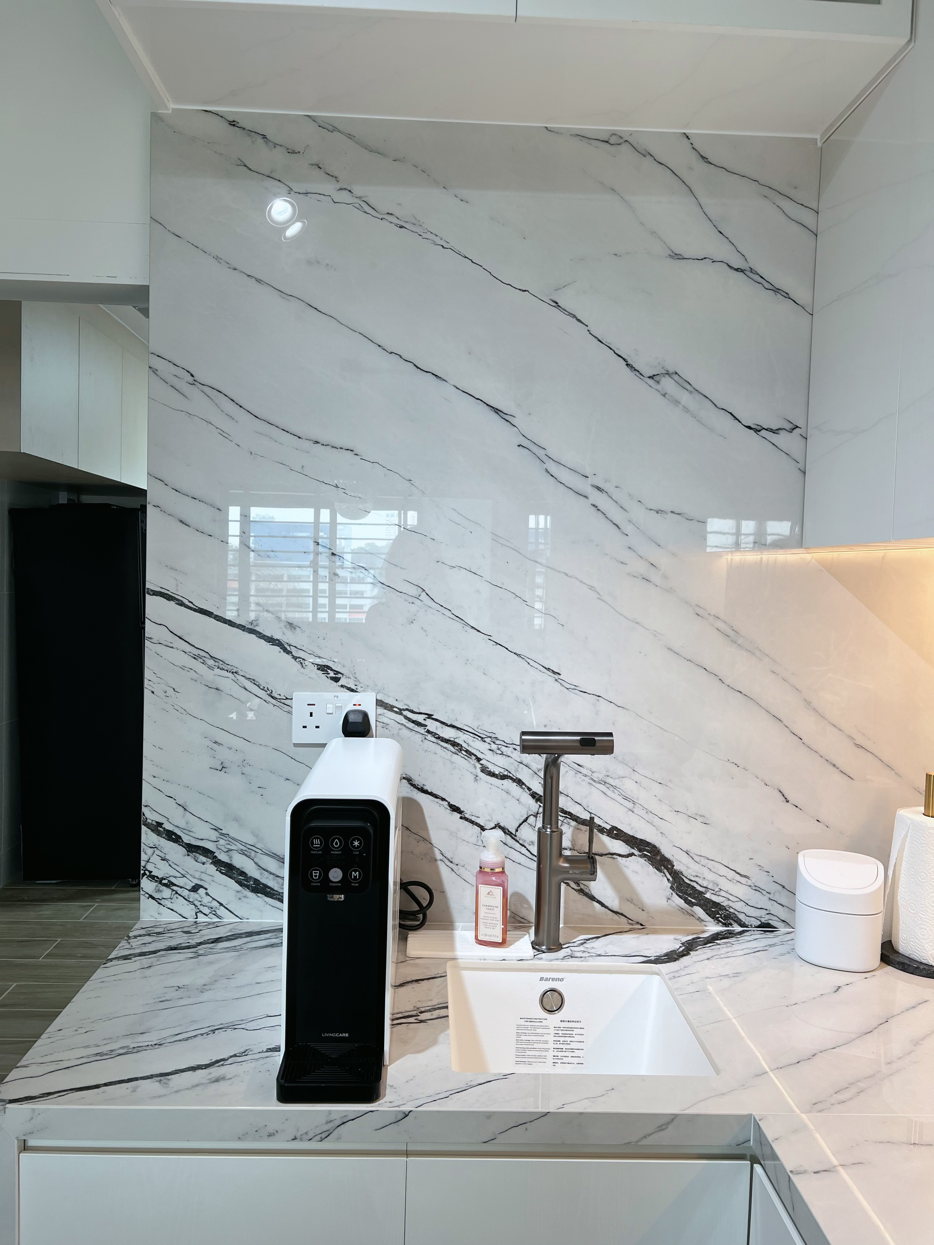 Where most of the budget went: Our Dry & Wet Kitchens - White marble countertop, modern kitchen, sleek appliances, black and