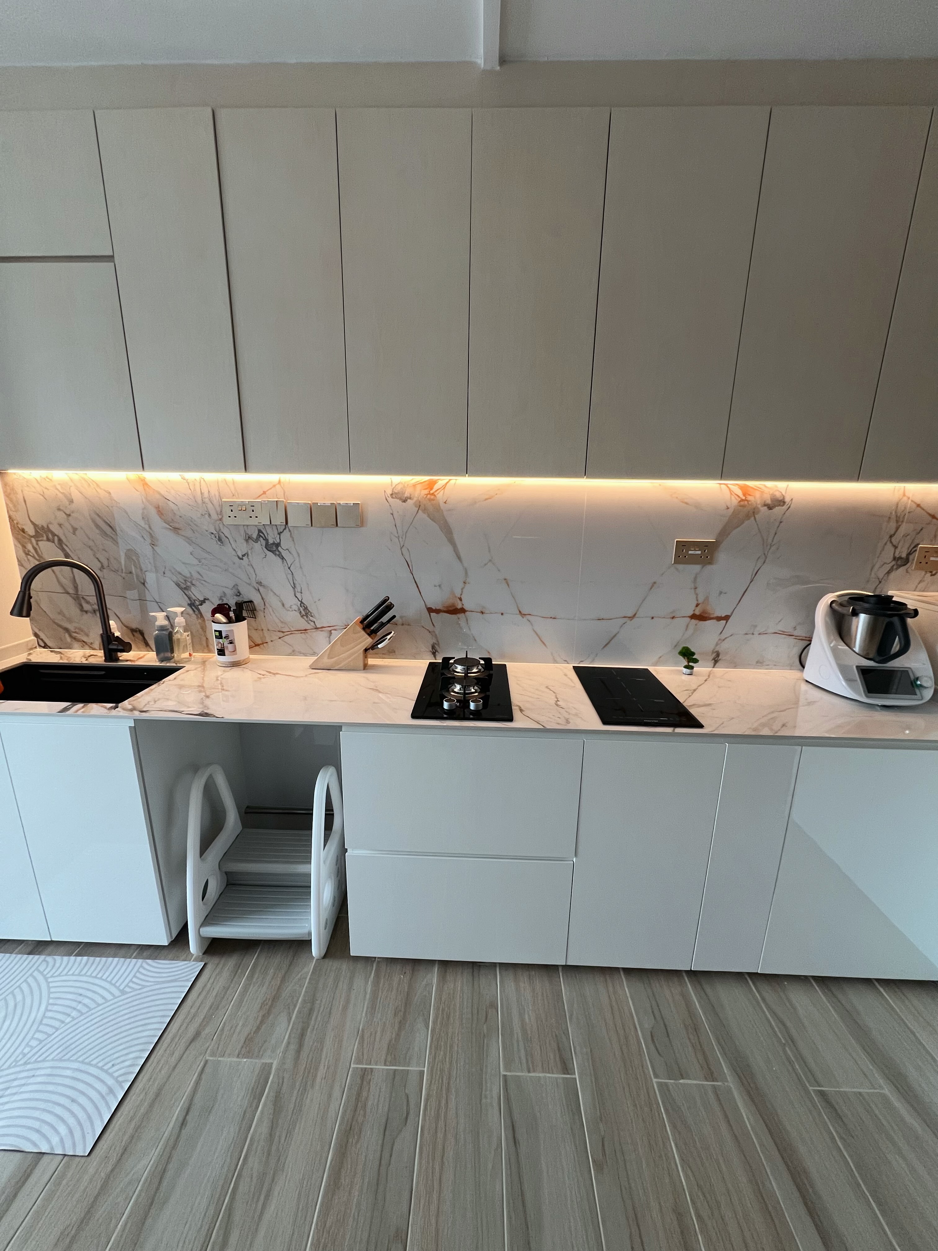 Where most of the budget went: Our Dry & Wet Kitchens - White kitchen cabinets, marble backsplash, black countertop