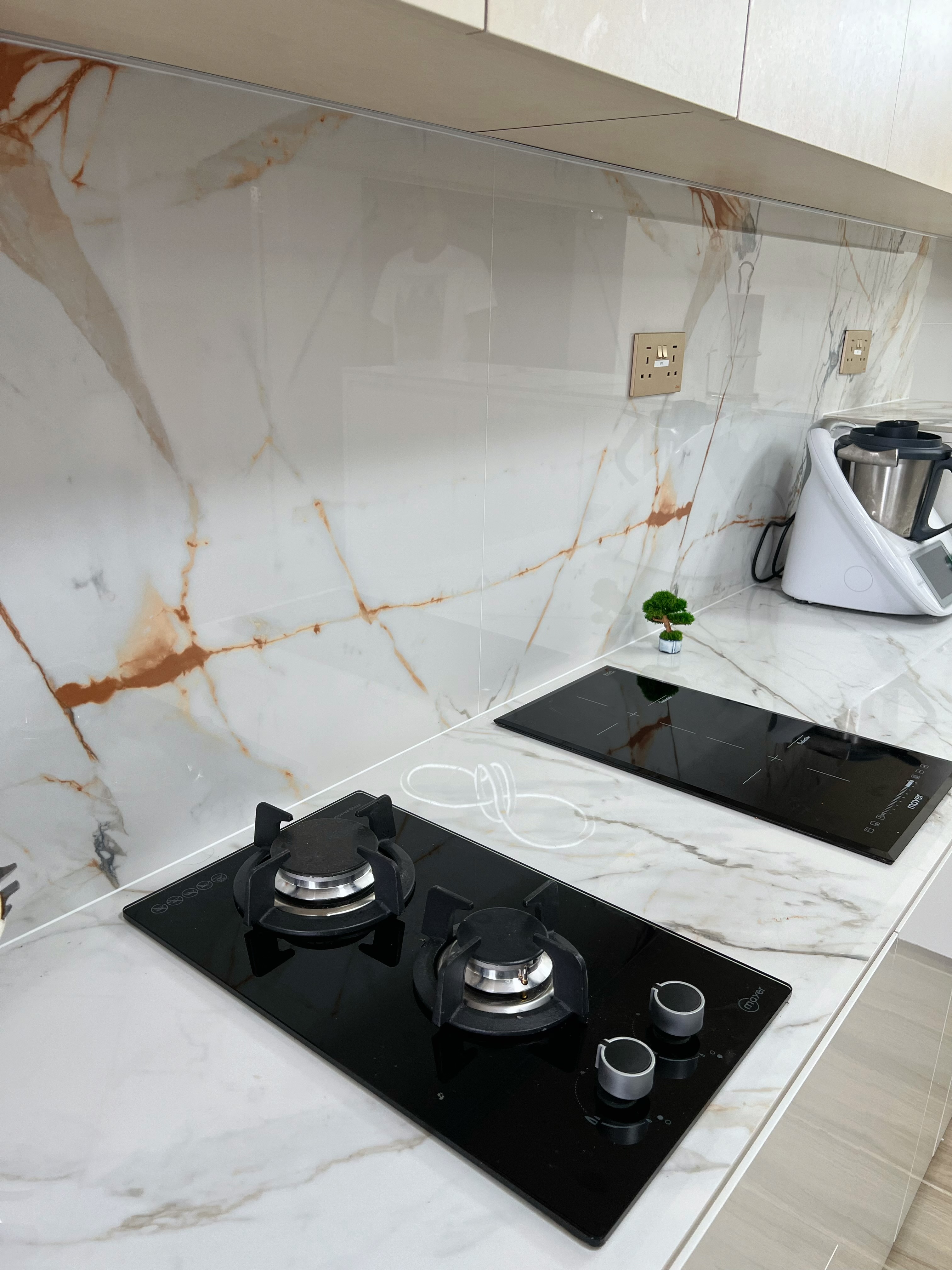 Where most of the budget went: Our Dry & Wet Kitchens - Modern kitchen countertop, sleek black stovetop, marble backsplash