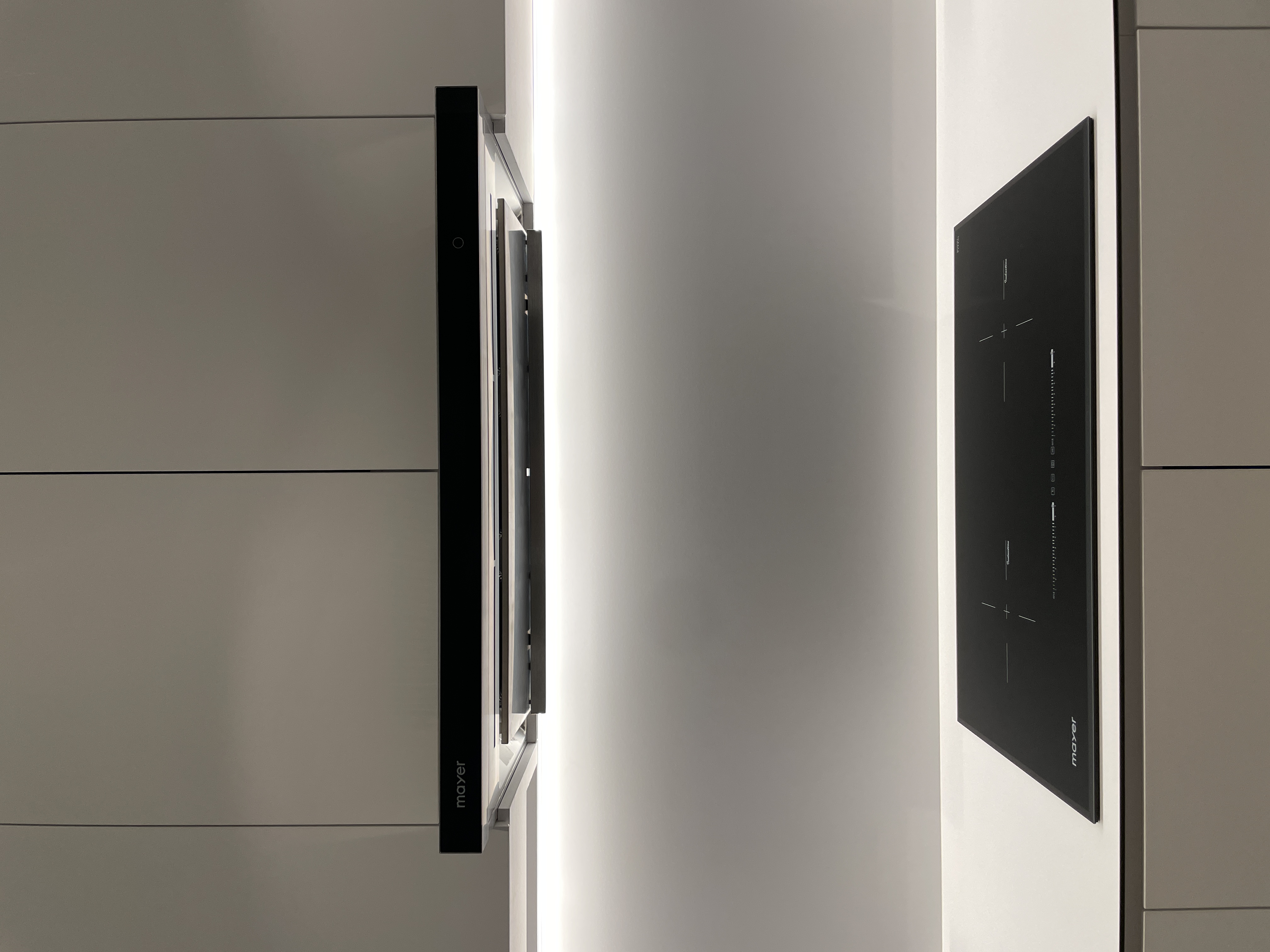 What’s Cooking? ; Minimalist Full-White Kitchen with Ample Storage - Mayer smart speaker, sleek modern design, minimalist