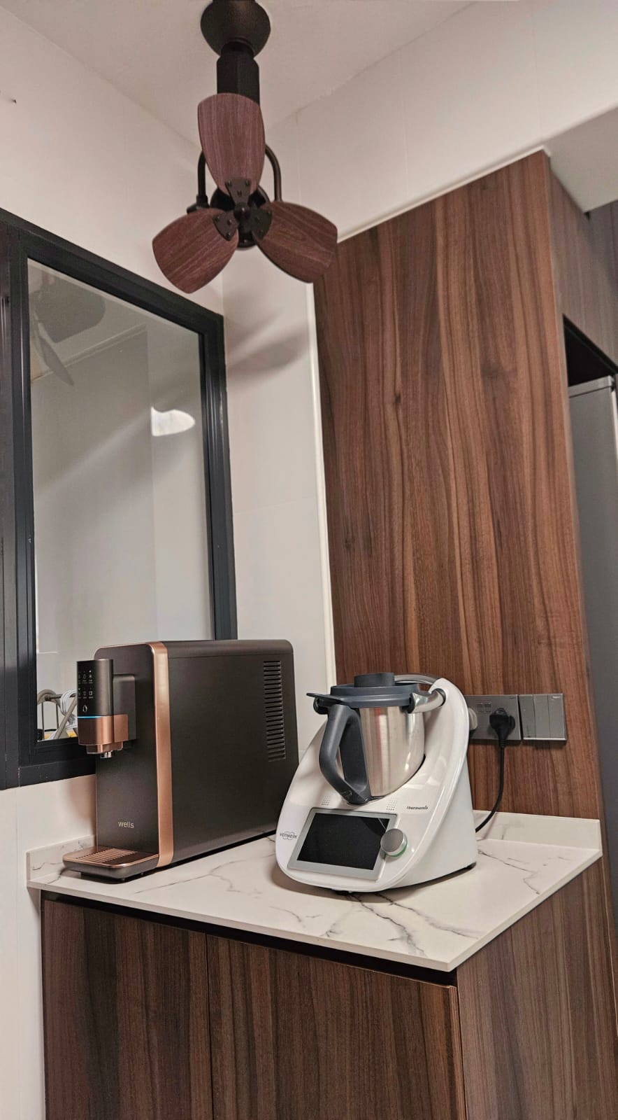 Kitchen: Happiness is homemade food! - microwave, coffee maker, modern kitchen, countertop, wood cabinets, marble surface