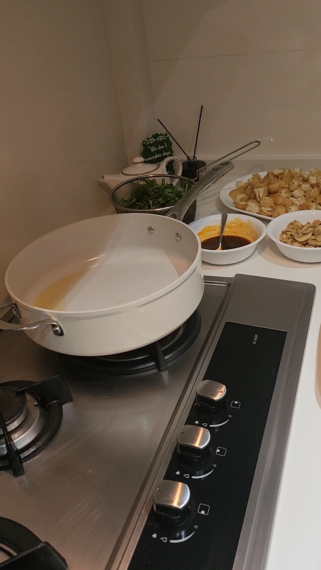 Weekend routine by PunggoHField - stainless steel kitchen stove, white pot, cooking oil, green vegetables, tofu, sauce