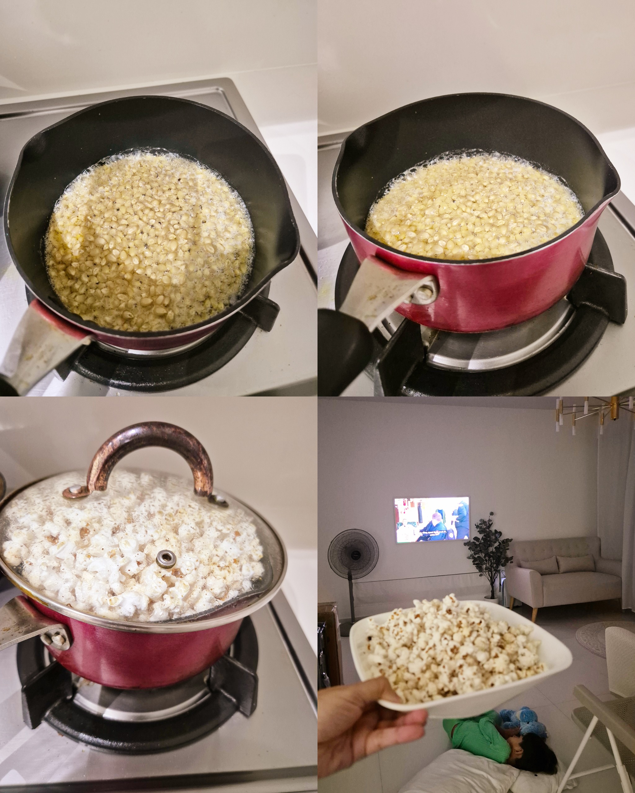 Weekend routine by PunggoHField - Frying popcorn in a red pot on a stove, bubbling oil, white popcorn, cooking process, red