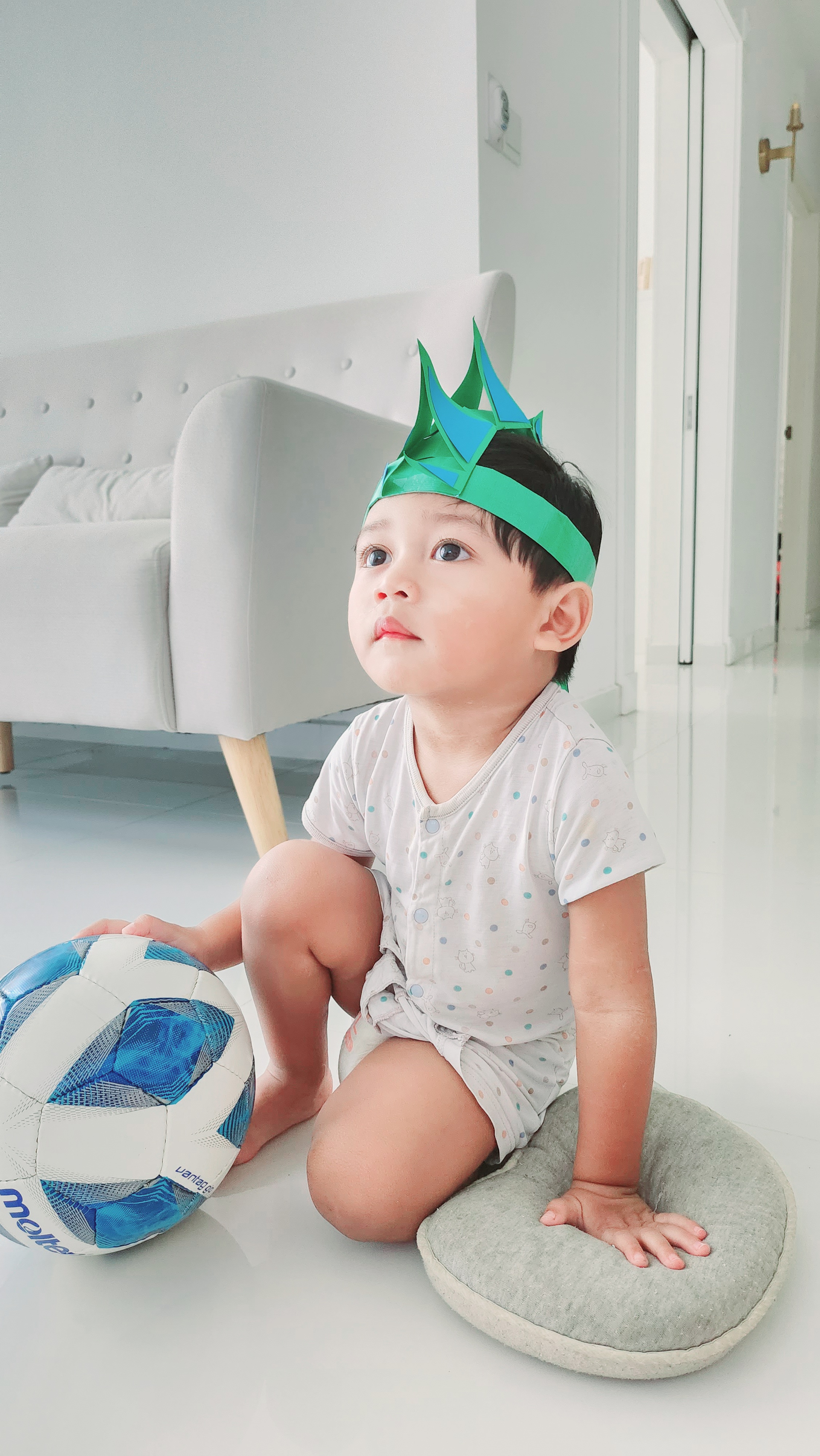 Weekend routine by PunggoHField - White modern living room, white tufted sofa, green crown headband, blue and white soccer