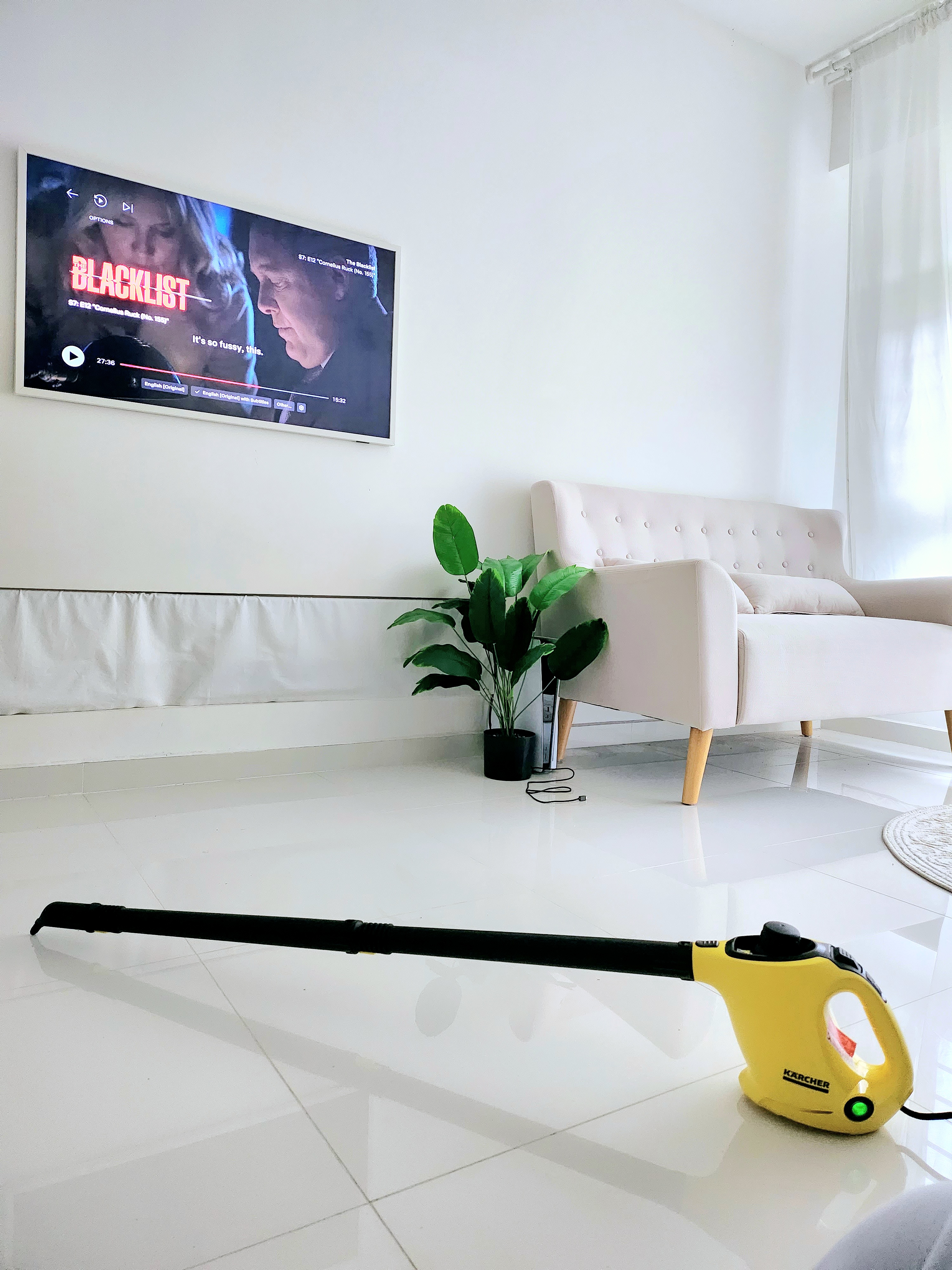 Weekend routine by PunggoHField - White modern living room, minimalist decor, large TV screen, black and white film, soft