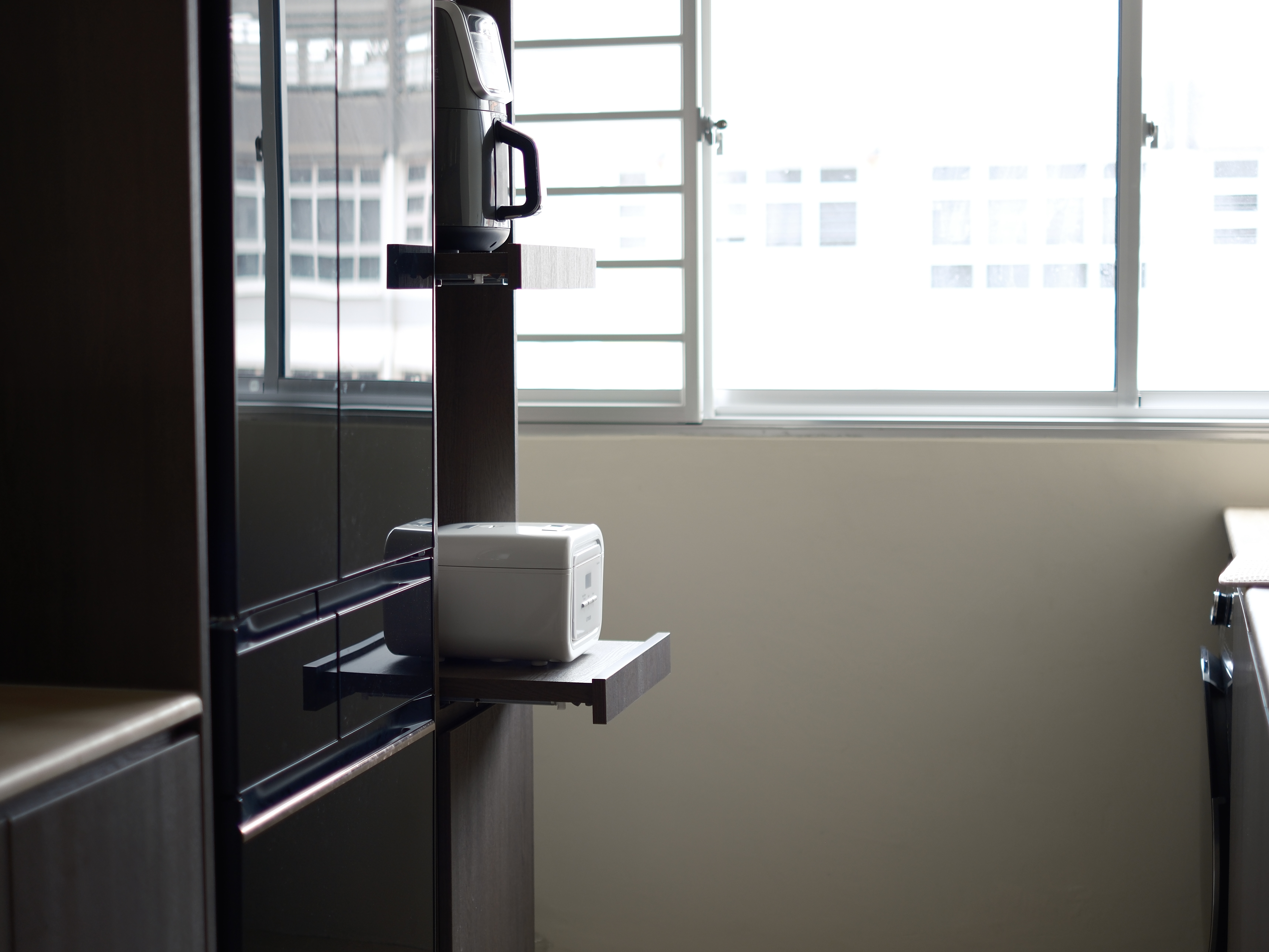 Our Travertine & Dark Oak Kitchen: Open-Concept with Ample Countertop - microwave, toaster, coffee maker, modern kitchen