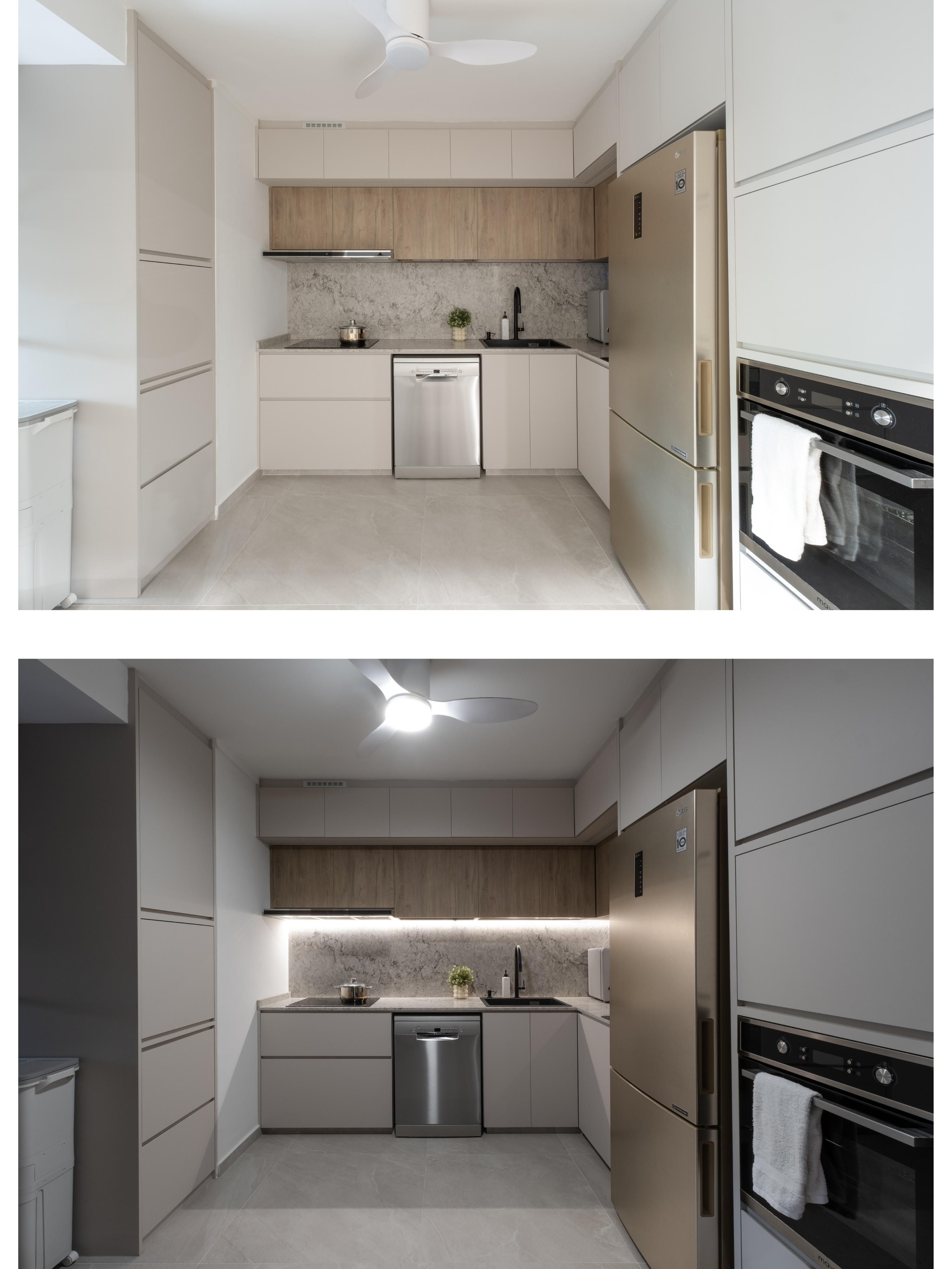 Sleek Open Concept Kitchen: Warm Tones with Minimalist Elegance - Modern kitchen with stainless steel appliances, light gray