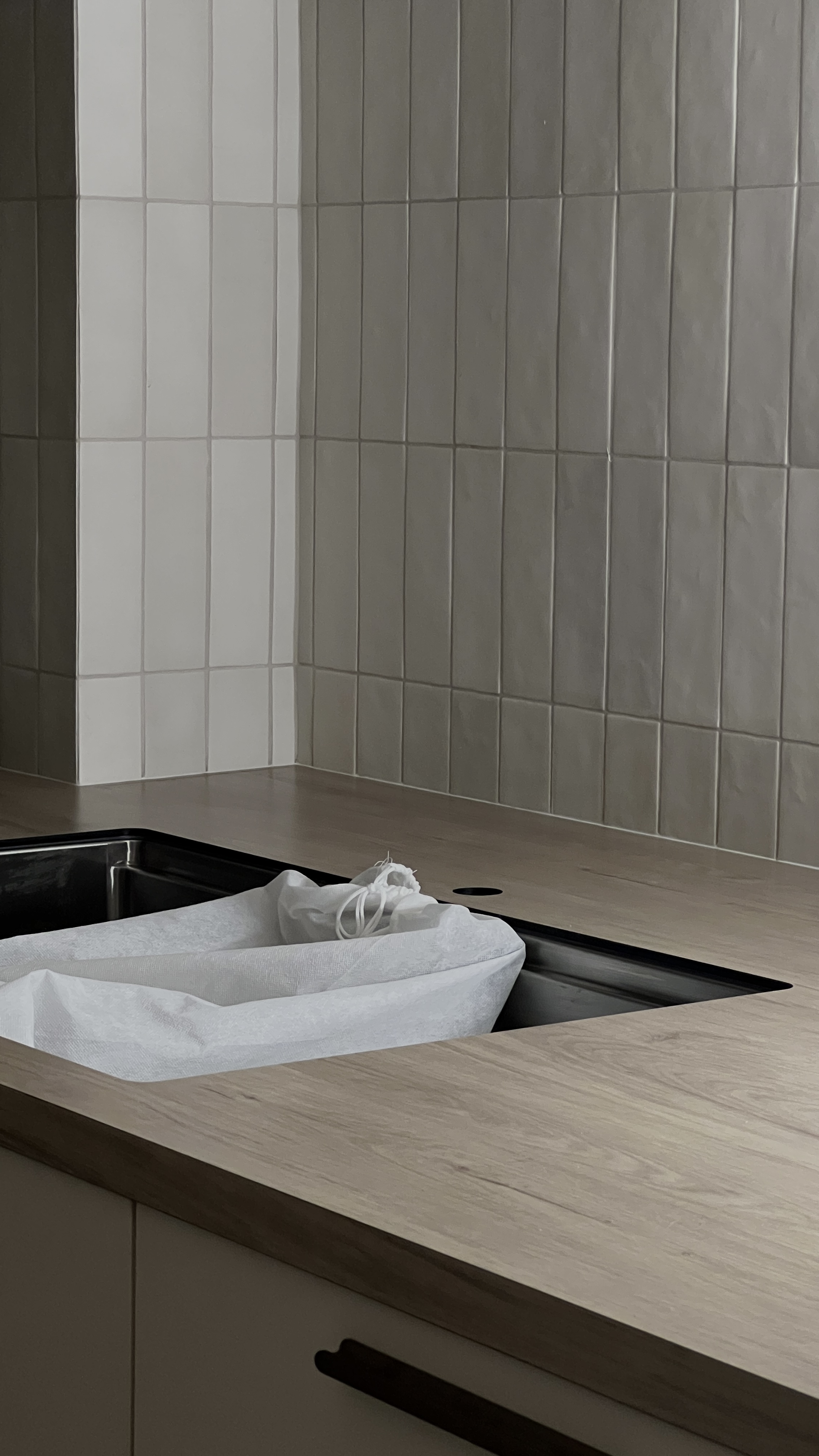 Our Kitchen: Soft Palettes and Clean Designs - Kitchen countertop, modern design, tiled backsplash, light wood countertop