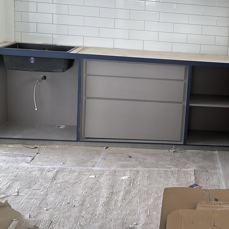 Renovation regrets: things we could have chosen for easier upkeeping! - Under-sink vanity with built-in sink, gray cabinets