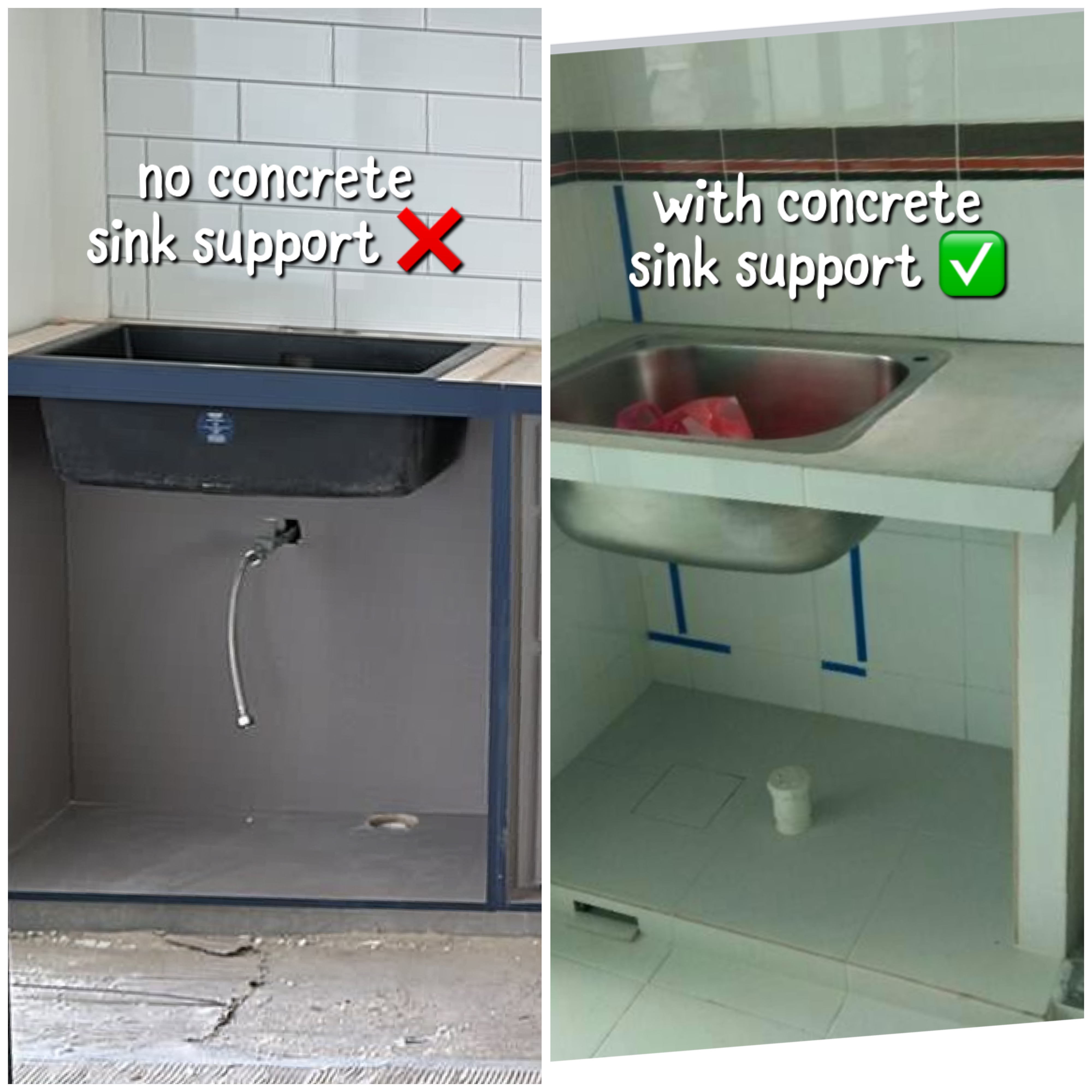 Renovation regrets: things we could have chosen for easier upkeeping! - under-sink sink support, concrete sink support, no