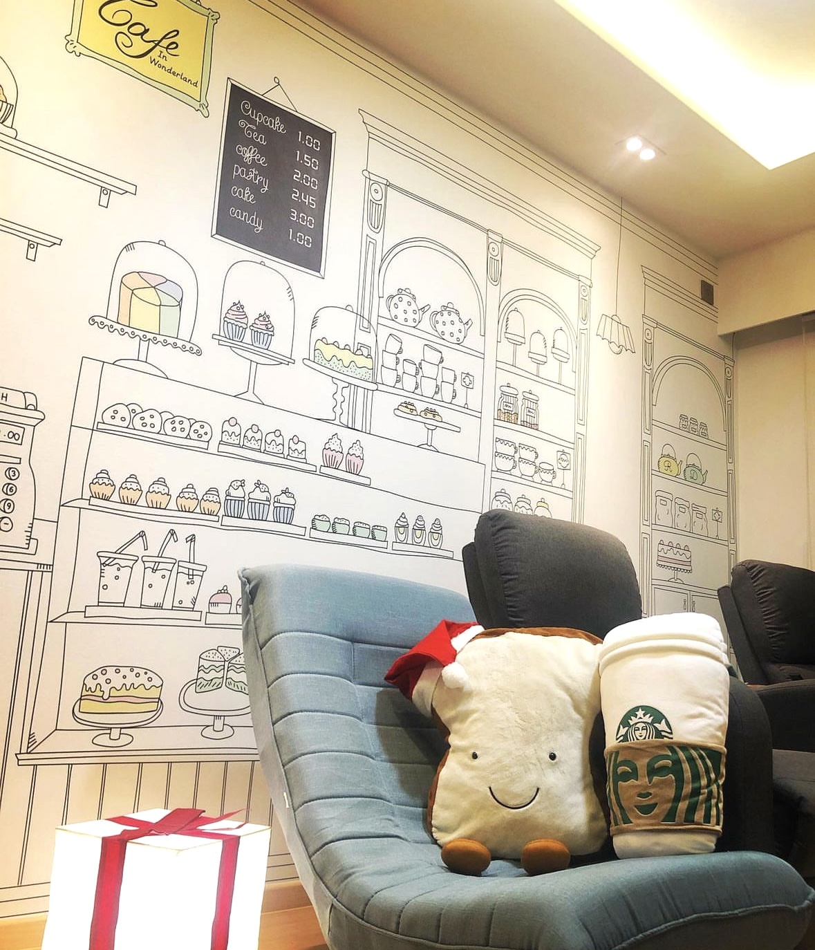 Home Decor: Repurpose & Display of Household Items - Café in Wonderland, cozy interior, chalkboard menu, pastries, cakes