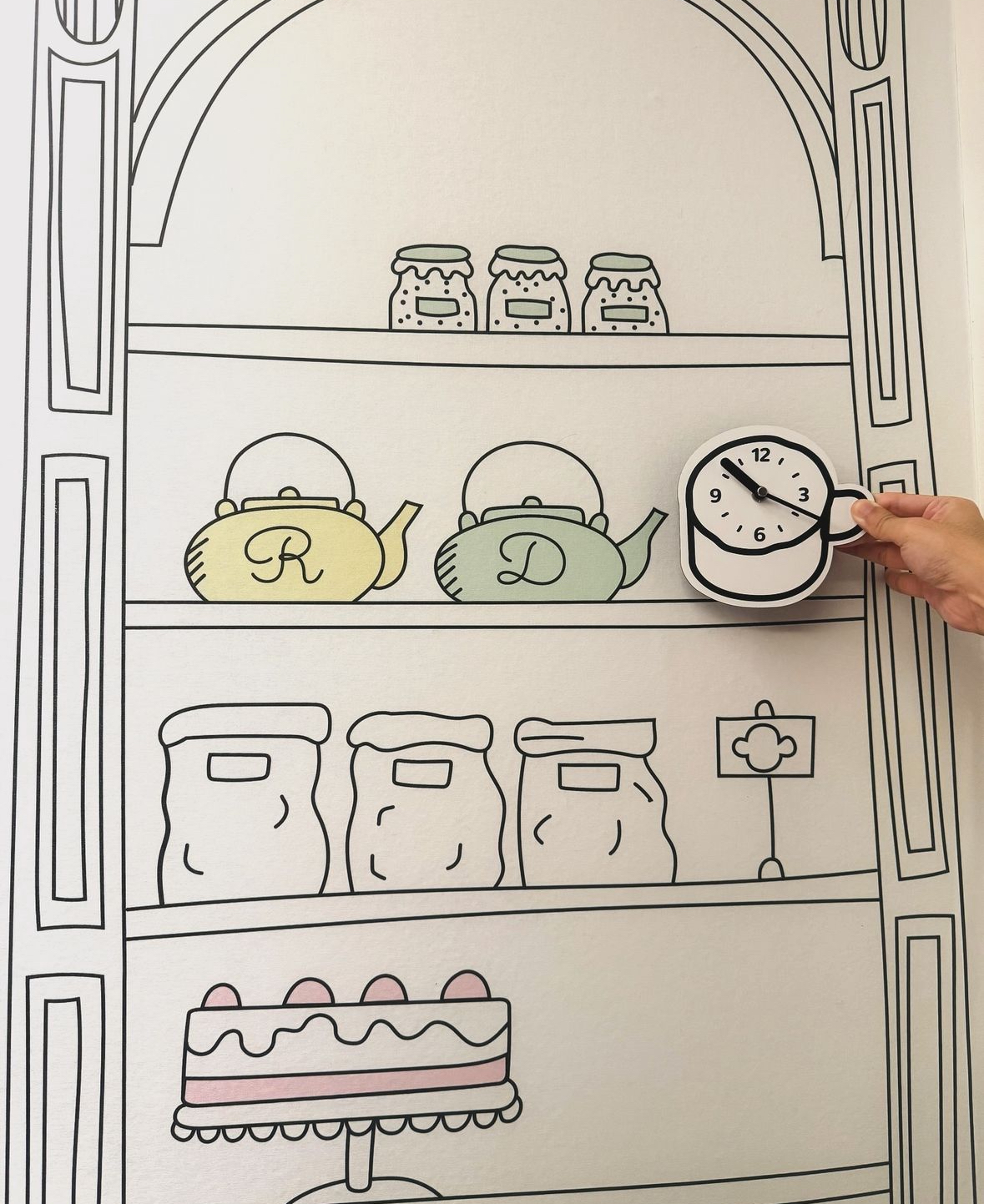 Home Decor: Repurpose & Display of Household Items - Illustration of a kitchen shelf with tea sets and jars, Cartoon-style